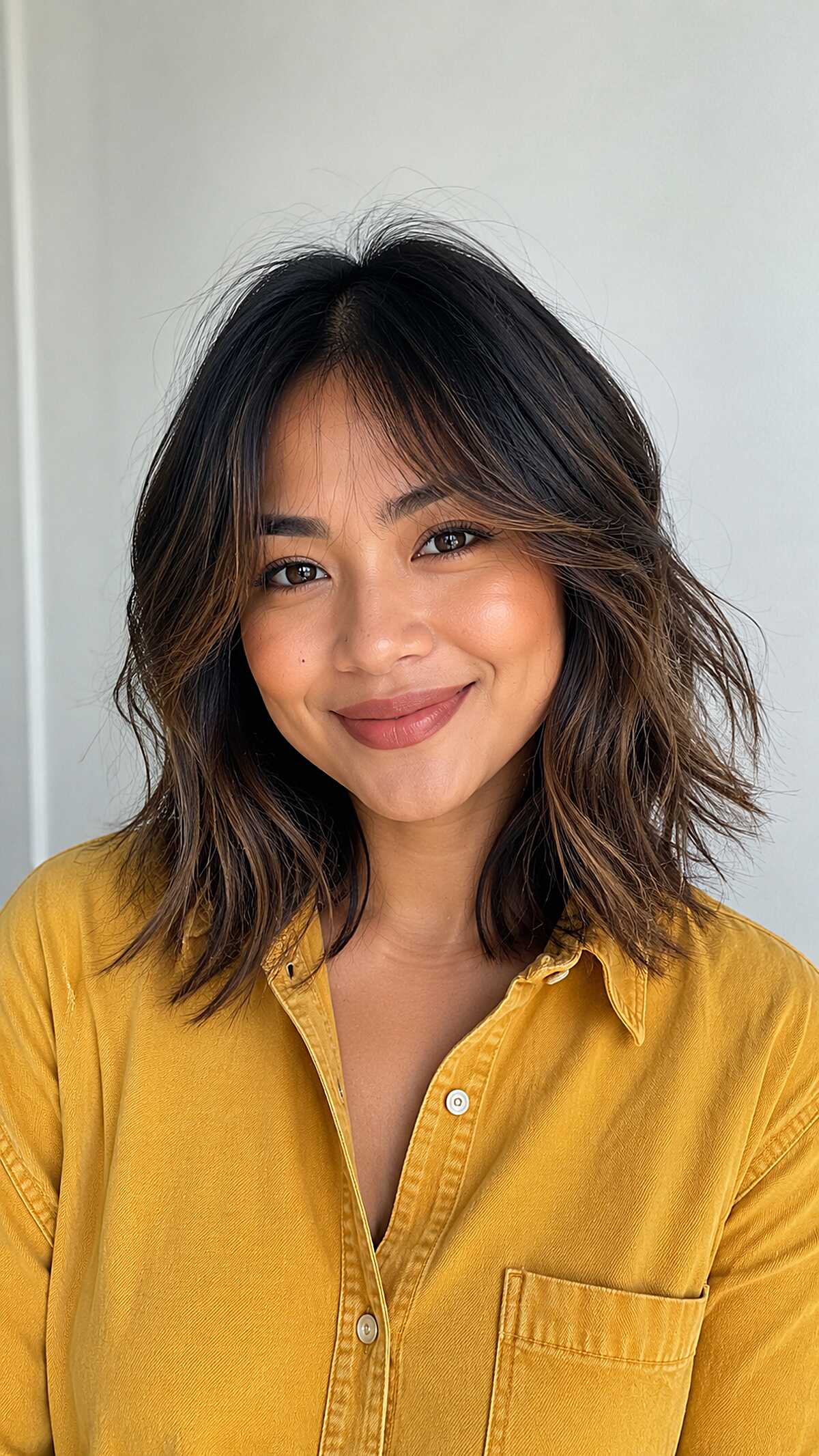 Warm Brown Balayage on a Choppy Shoulder-Length Bob with Soft Bangs