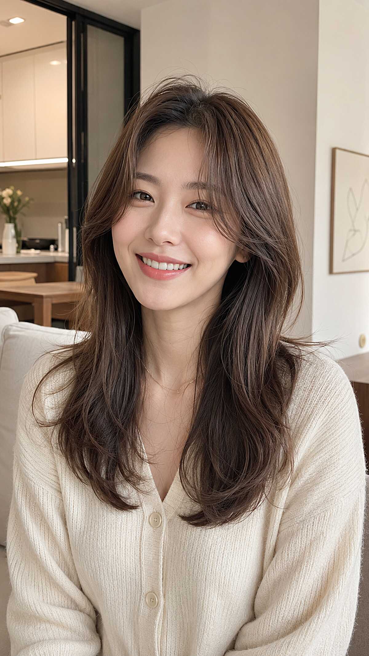 Warm Brown Butterfly Cut with Subtle Curtain Bangs