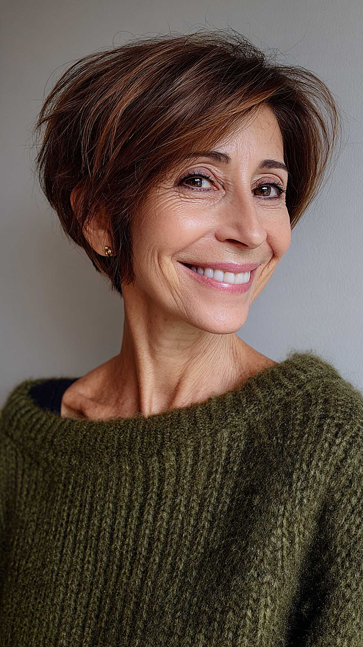 Warm Brunette Asymmetric Sweep With Subtle Highlights