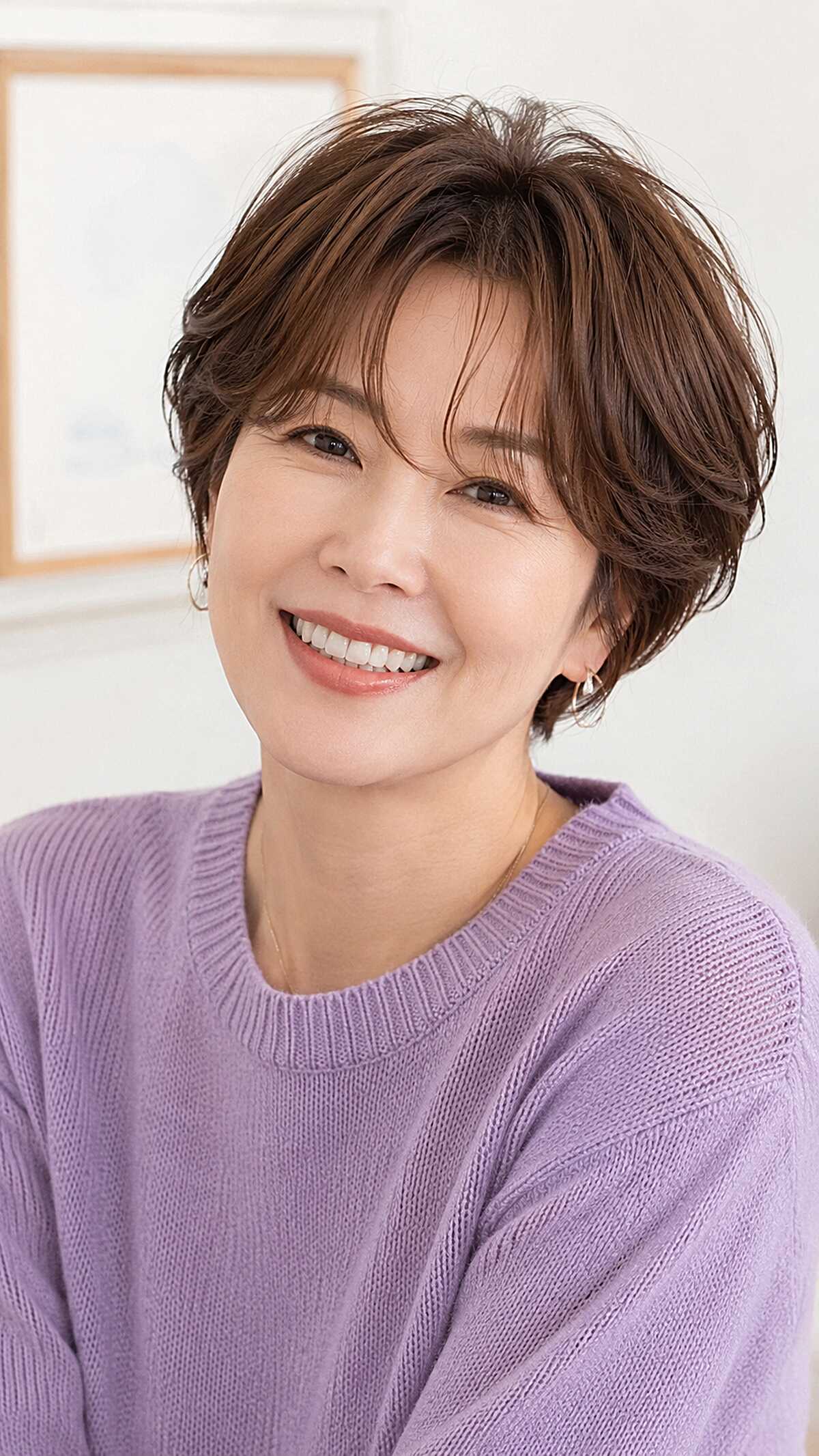 Warm Brunette Tousled Bixie With Soft Swooping Fringe