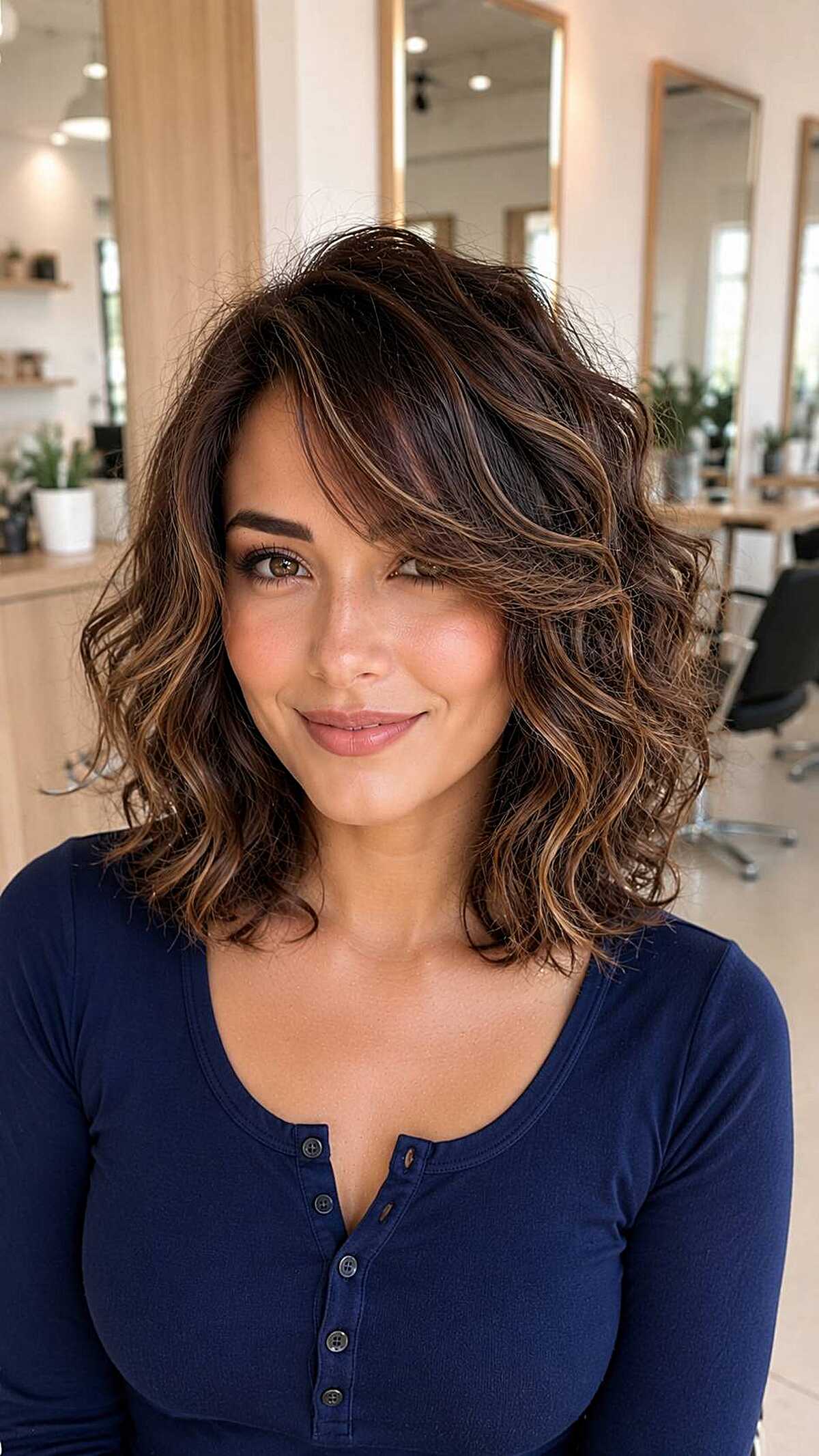 Wavy brunette lob with caramel money piece highlights