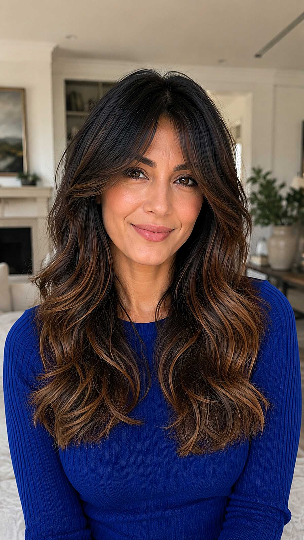Warm Caramel Balayage with Curtain Bangs on Long Layers