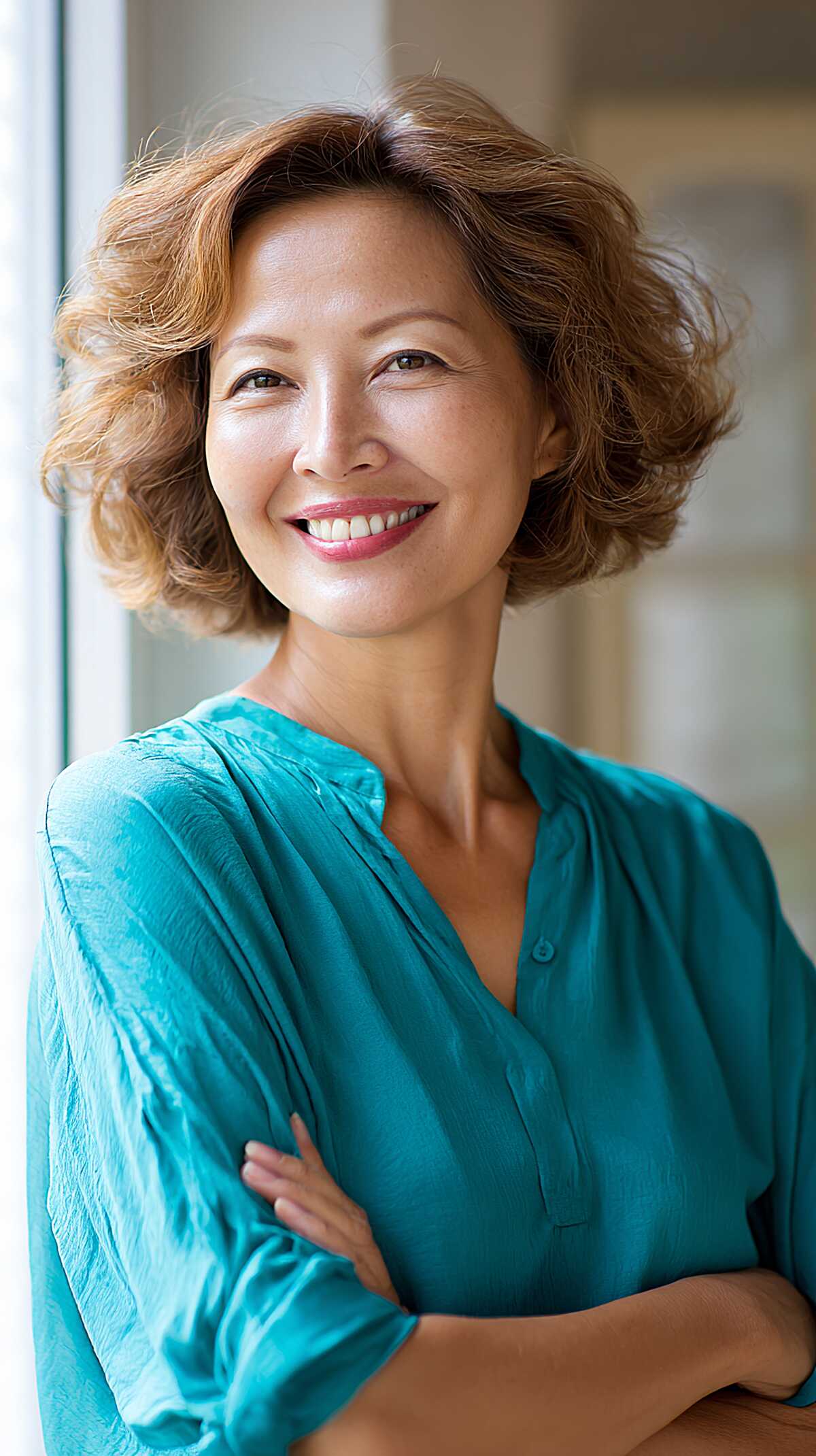 Warm Caramel Wavy Bob with Feathered Volume at the Crown