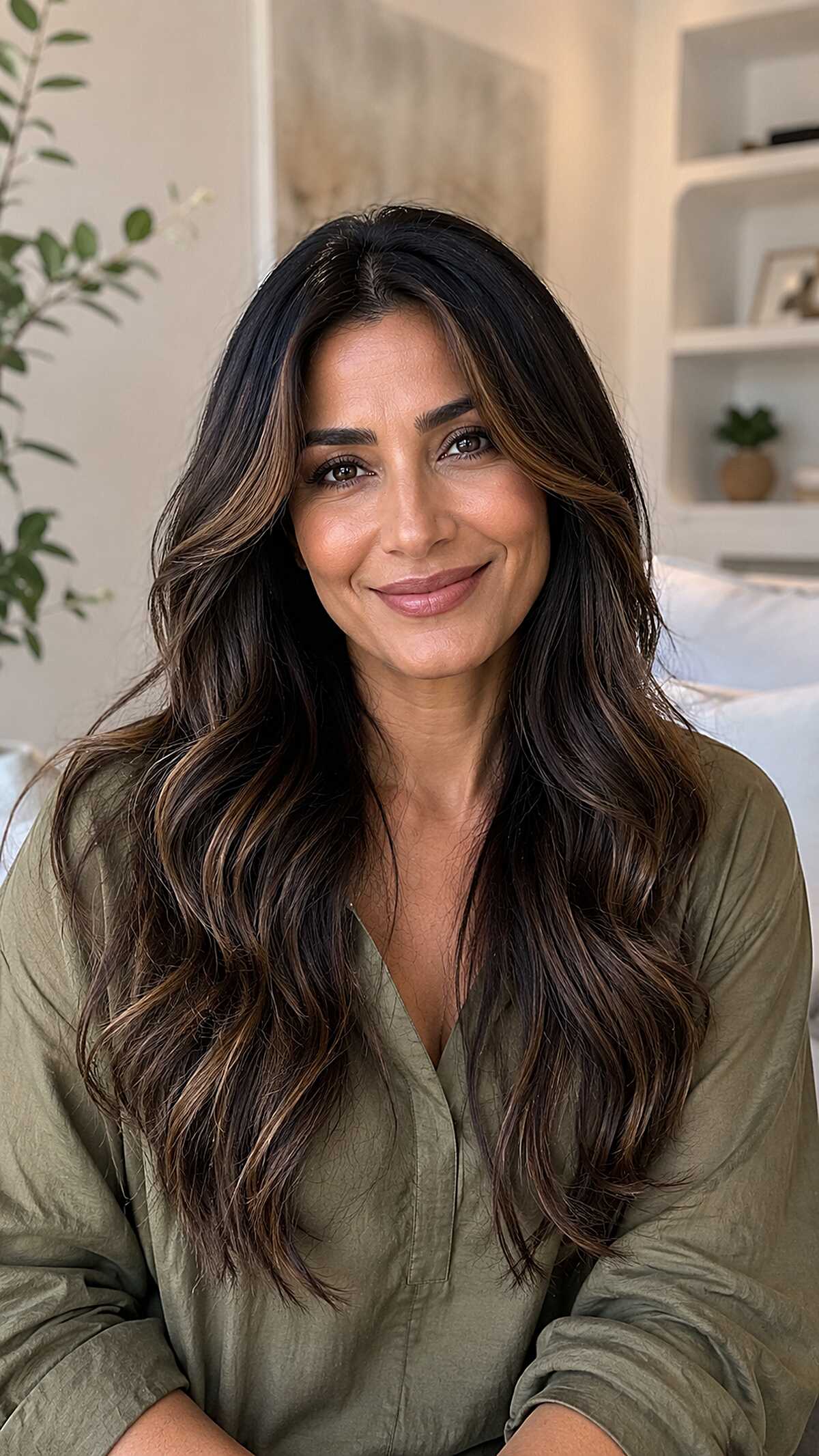 Warm Chestnut Ribbons on Long Wavy Black Hair with a Center Part