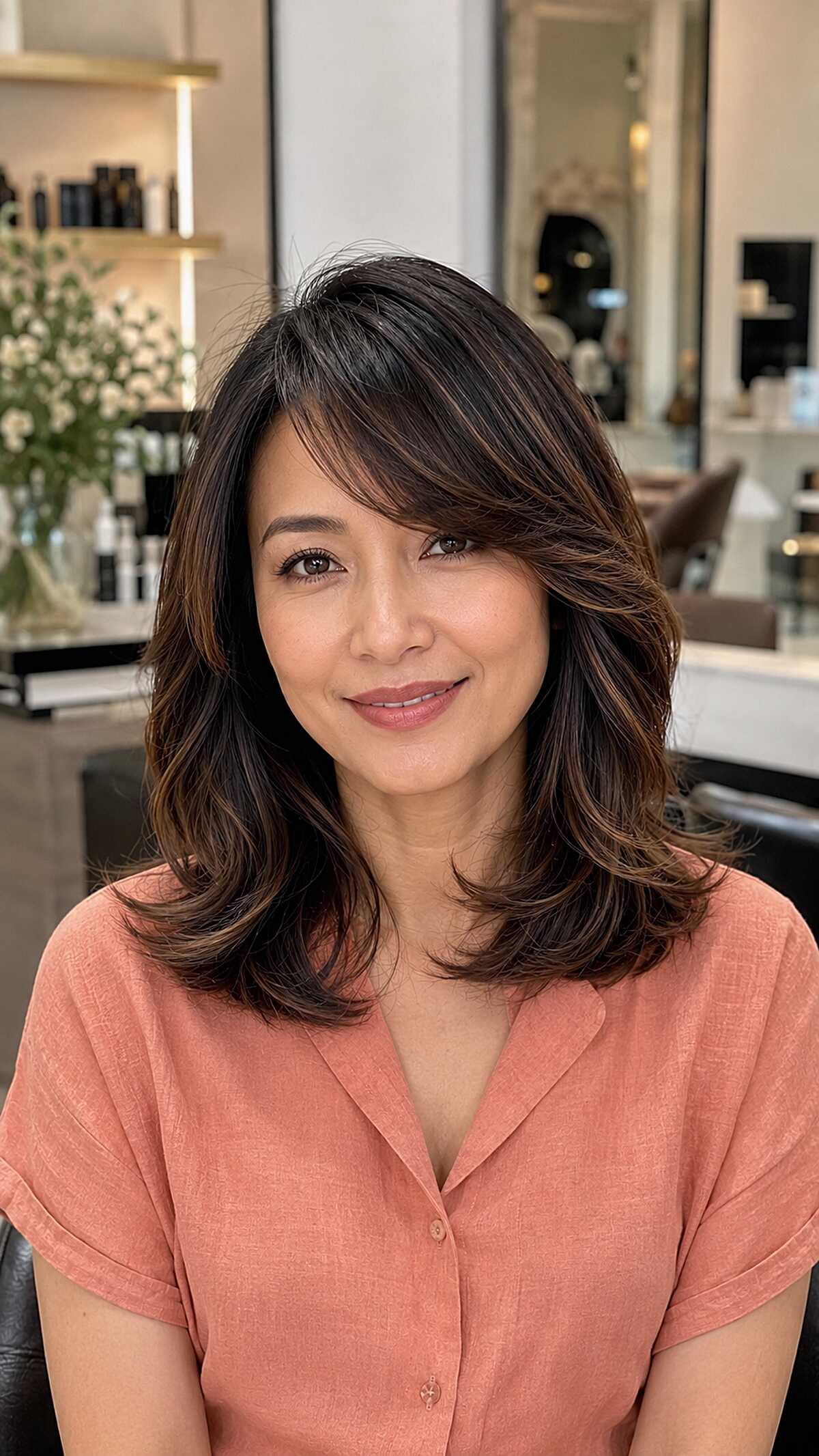Warm Cinnamon Peekaboo Balayage on a Flipped-Out Medium Layer Cut