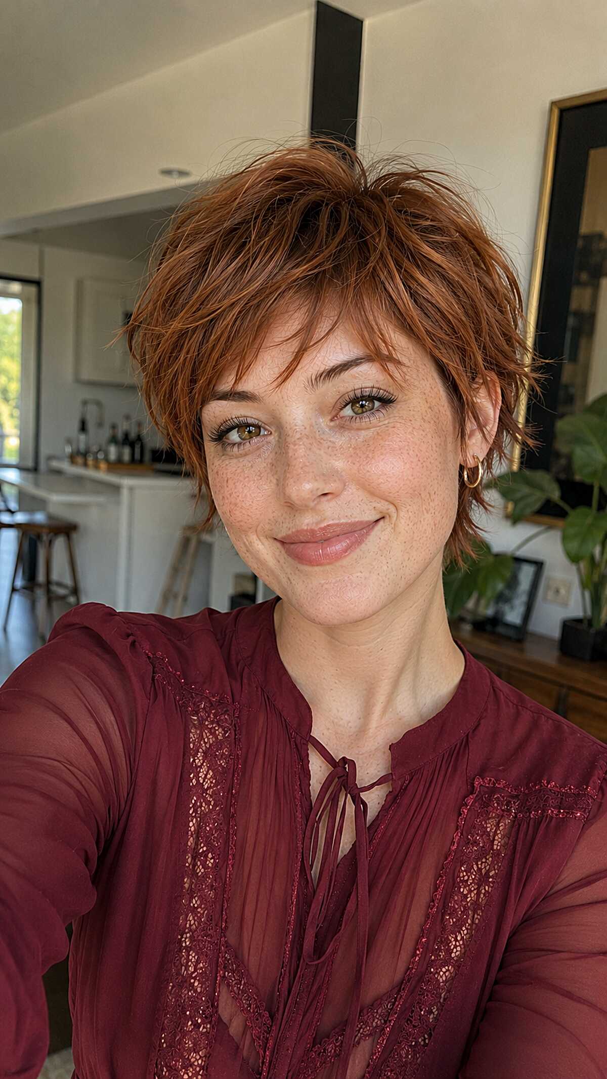 Copper red short razor cut with tousled texture