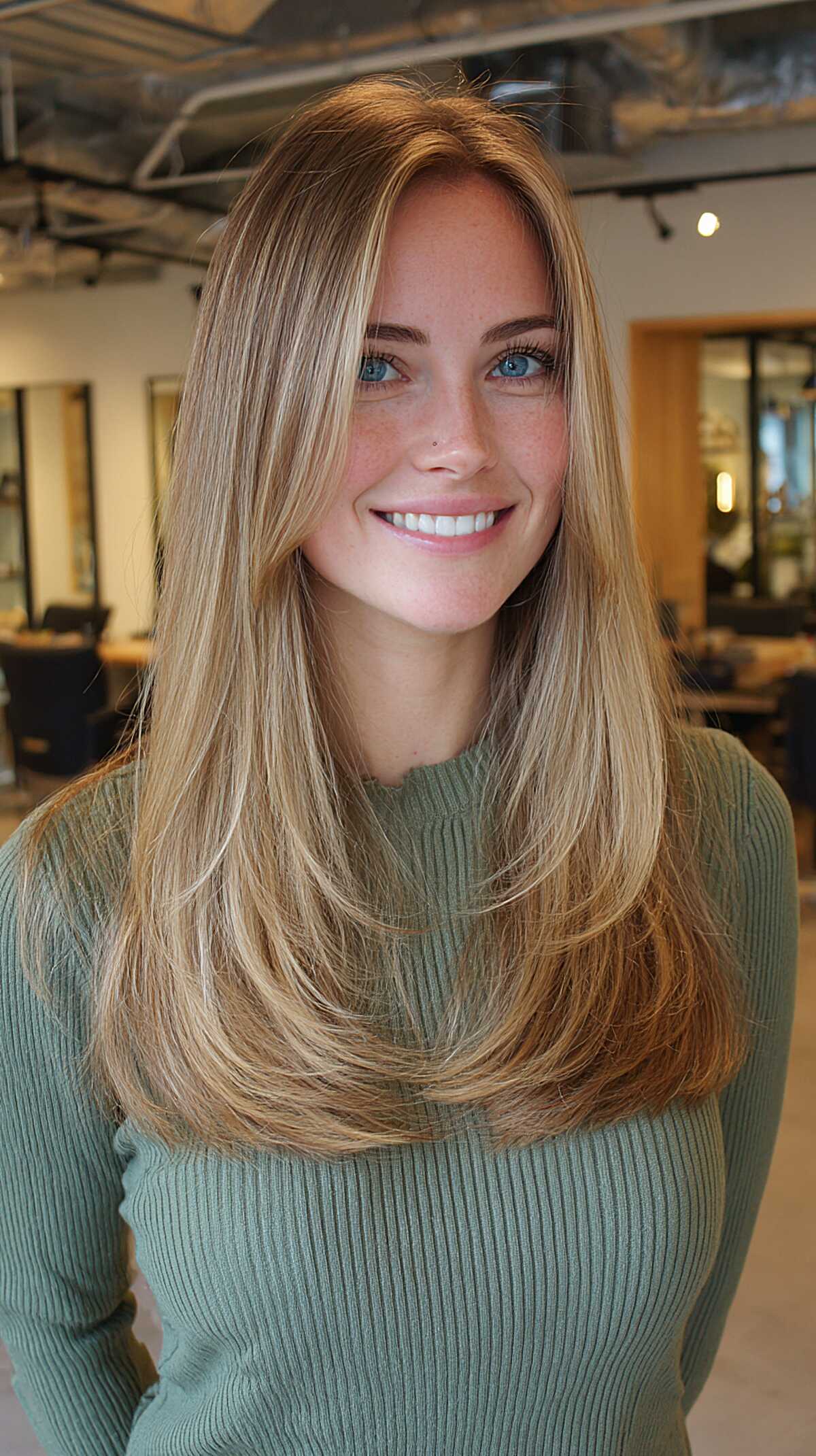 Warm Strawberry Blonde Long Layers with Soft Flipped Ends
