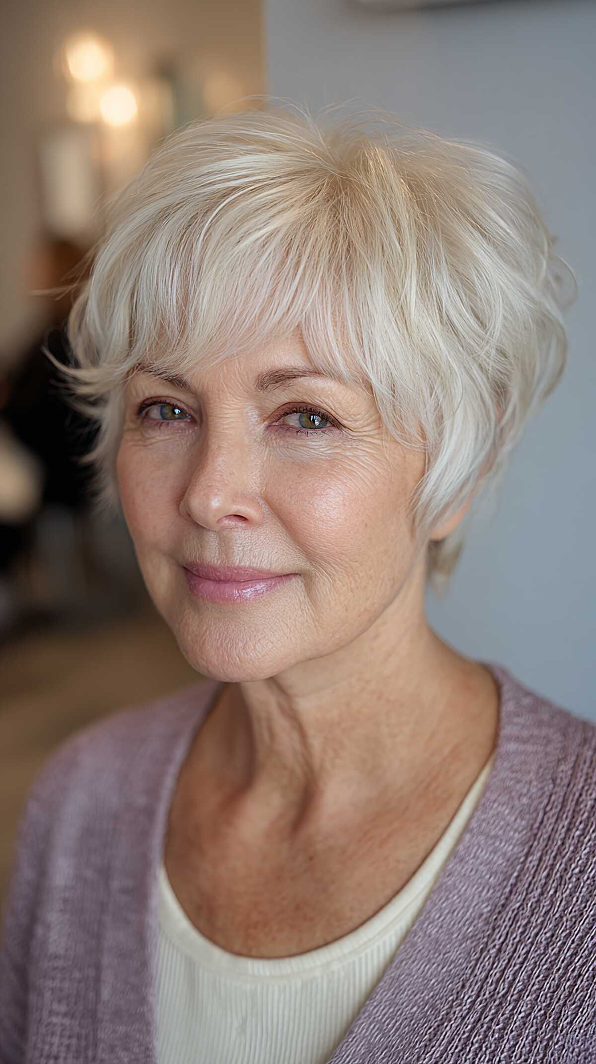 Wispy platinum white pixie with full soft fringe