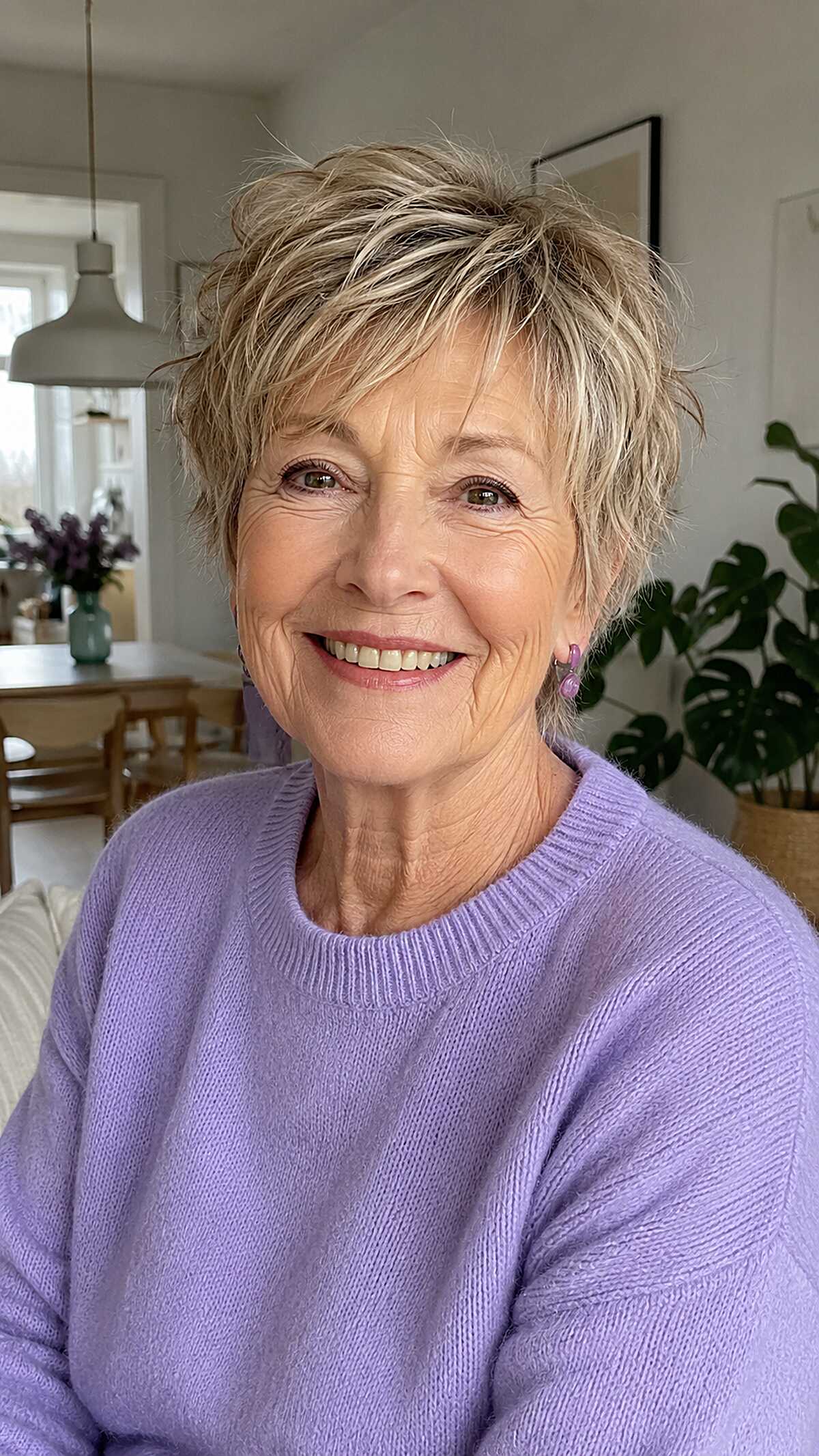 Ash blonde choppy pixie with wispy textured ends