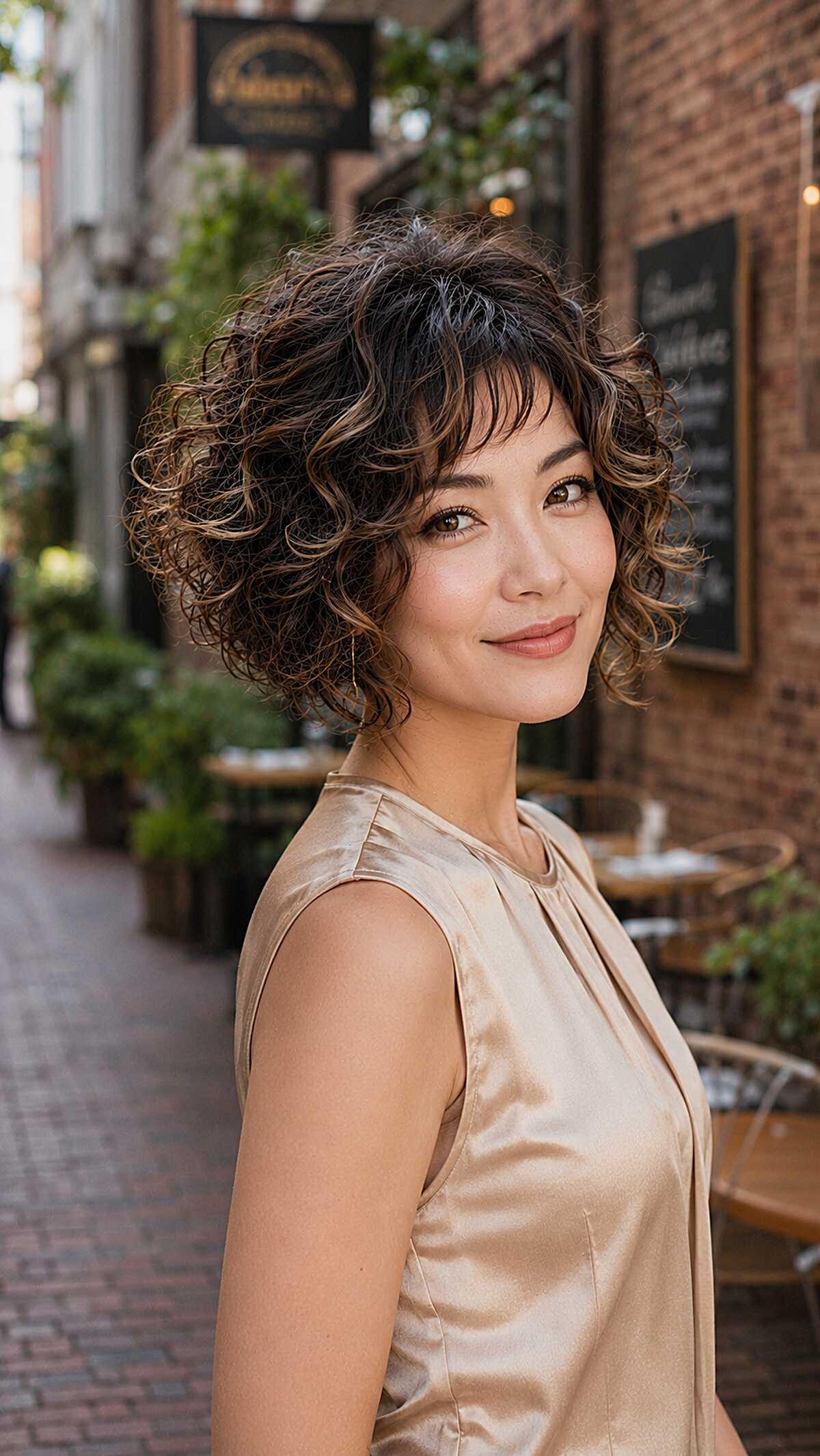 Asymmetric curly stacked bob with caramel highlights