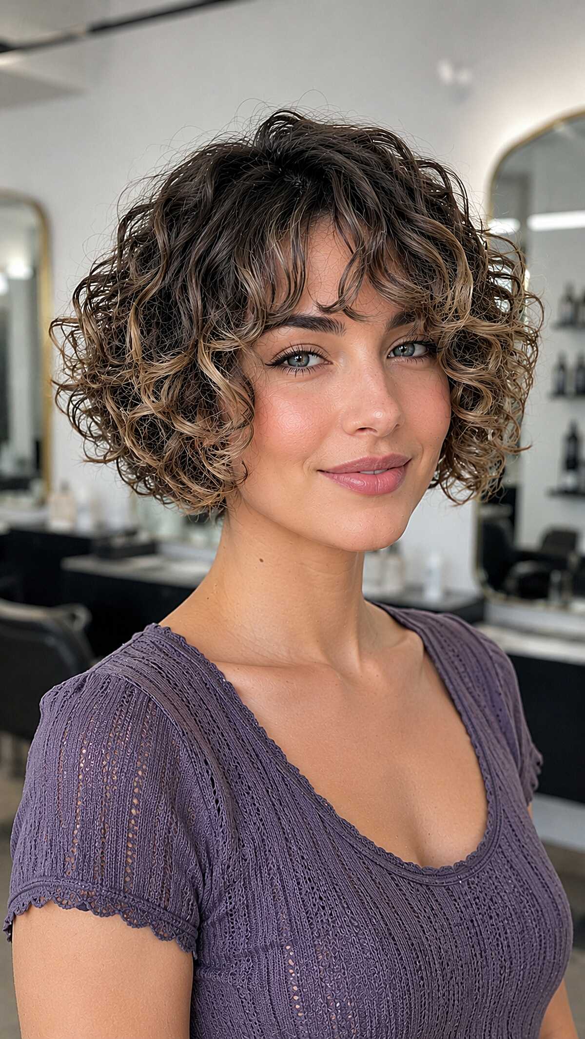 Curly bob with blonde tips and curly fringe