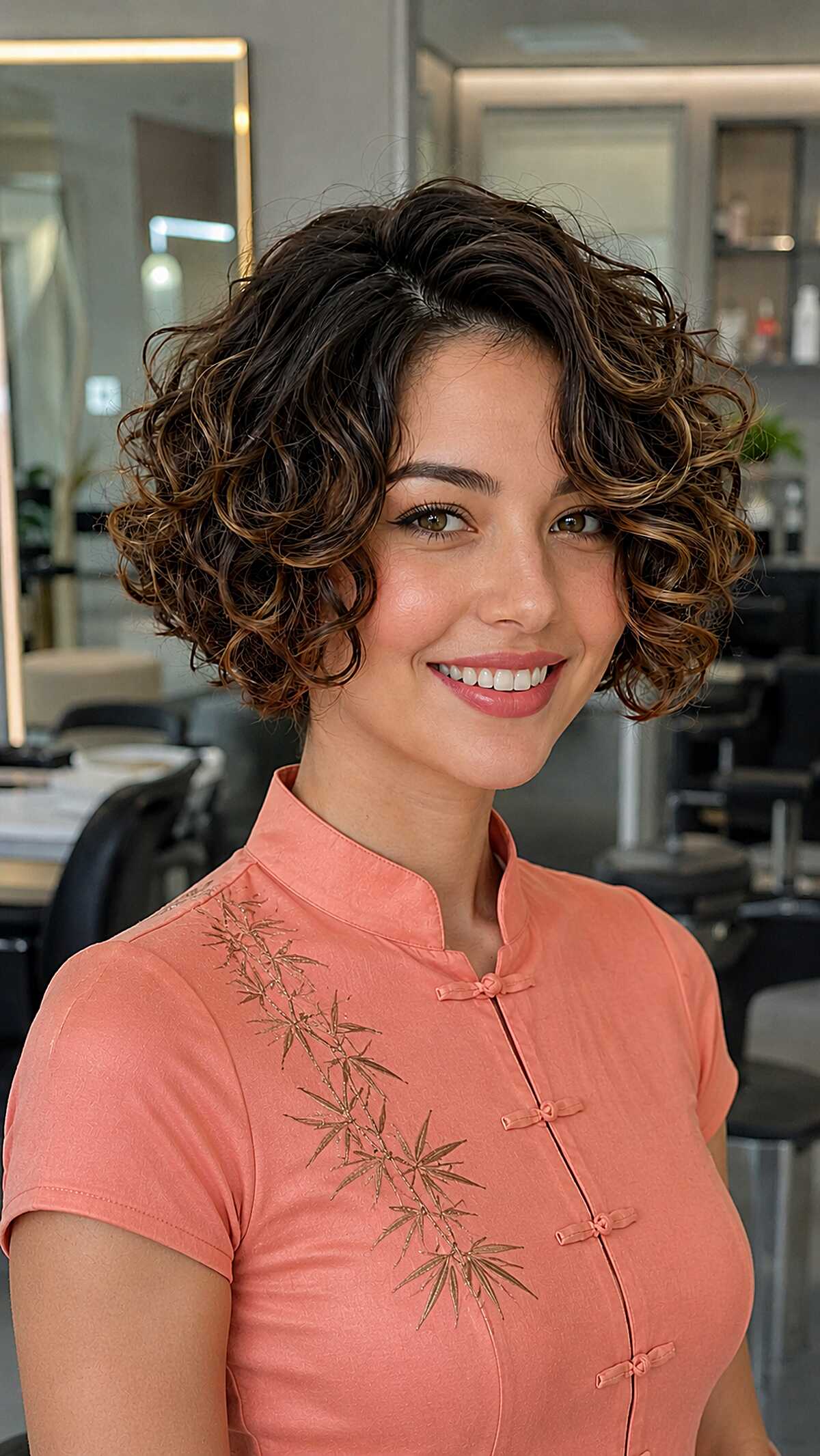 Short bouncy curly bob with caramel highlights