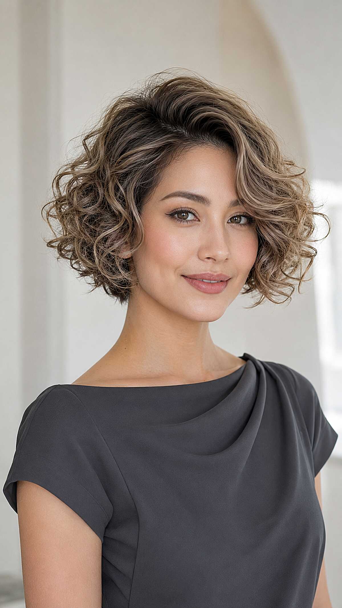 Curly stacked bob with bronde highlights and volume