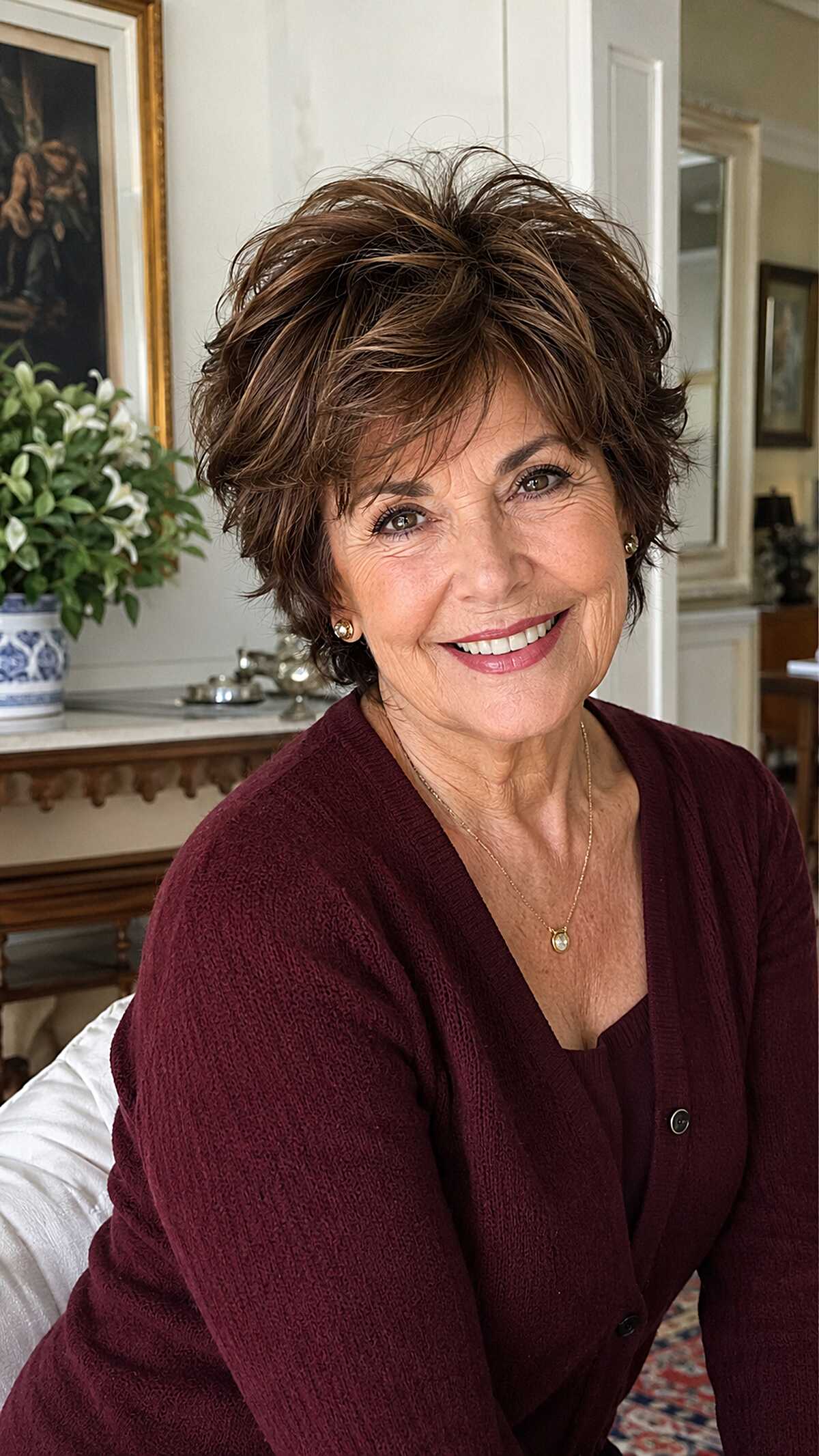 Rich brunette feathered shaggy pixie with sweeping layers