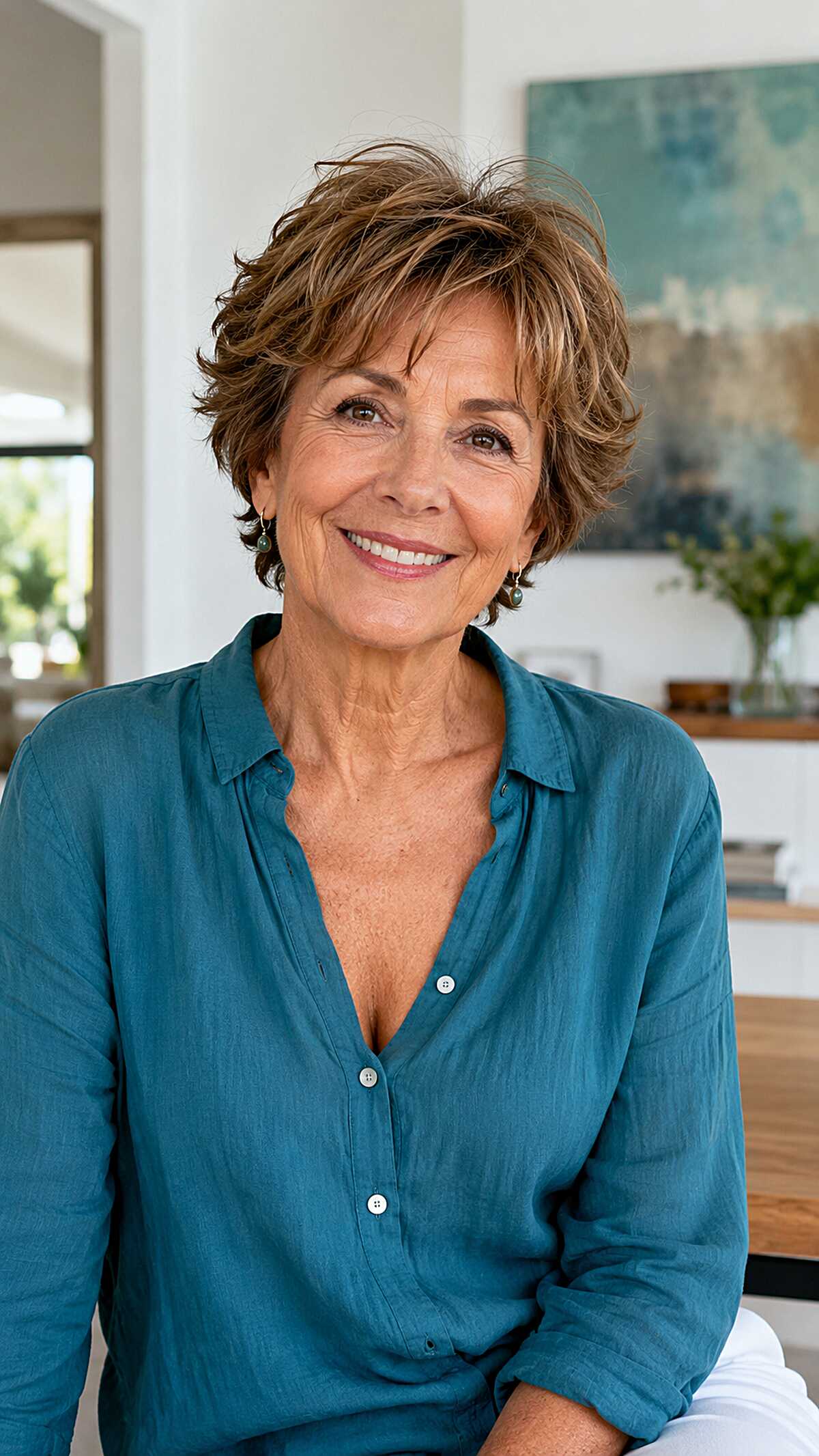 Caramel-highlighted shaggy pixie with natural wave movement