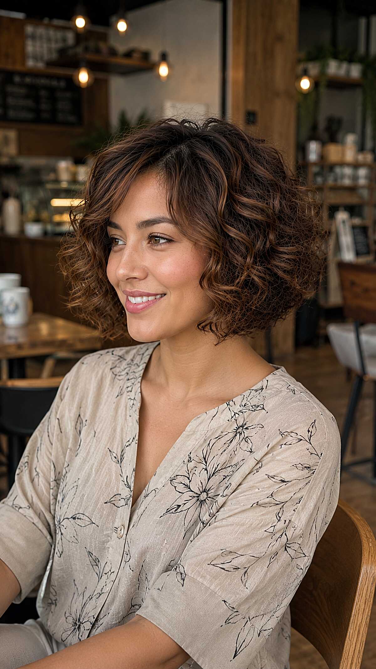 Relaxed wavy stacked bob with cinnamon-toned ends