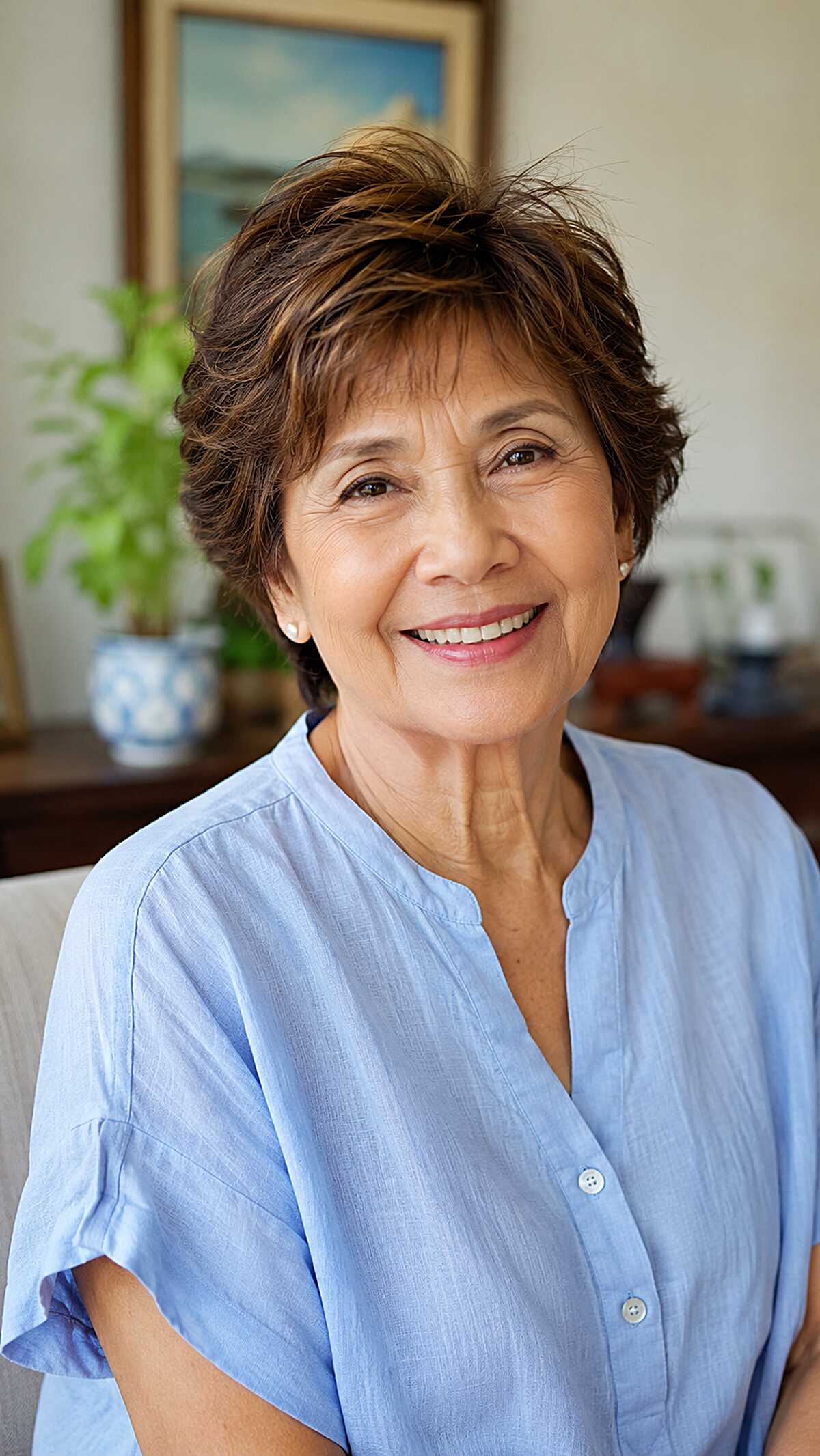 Chestnut brown shaggy pixie with gentle natural waves