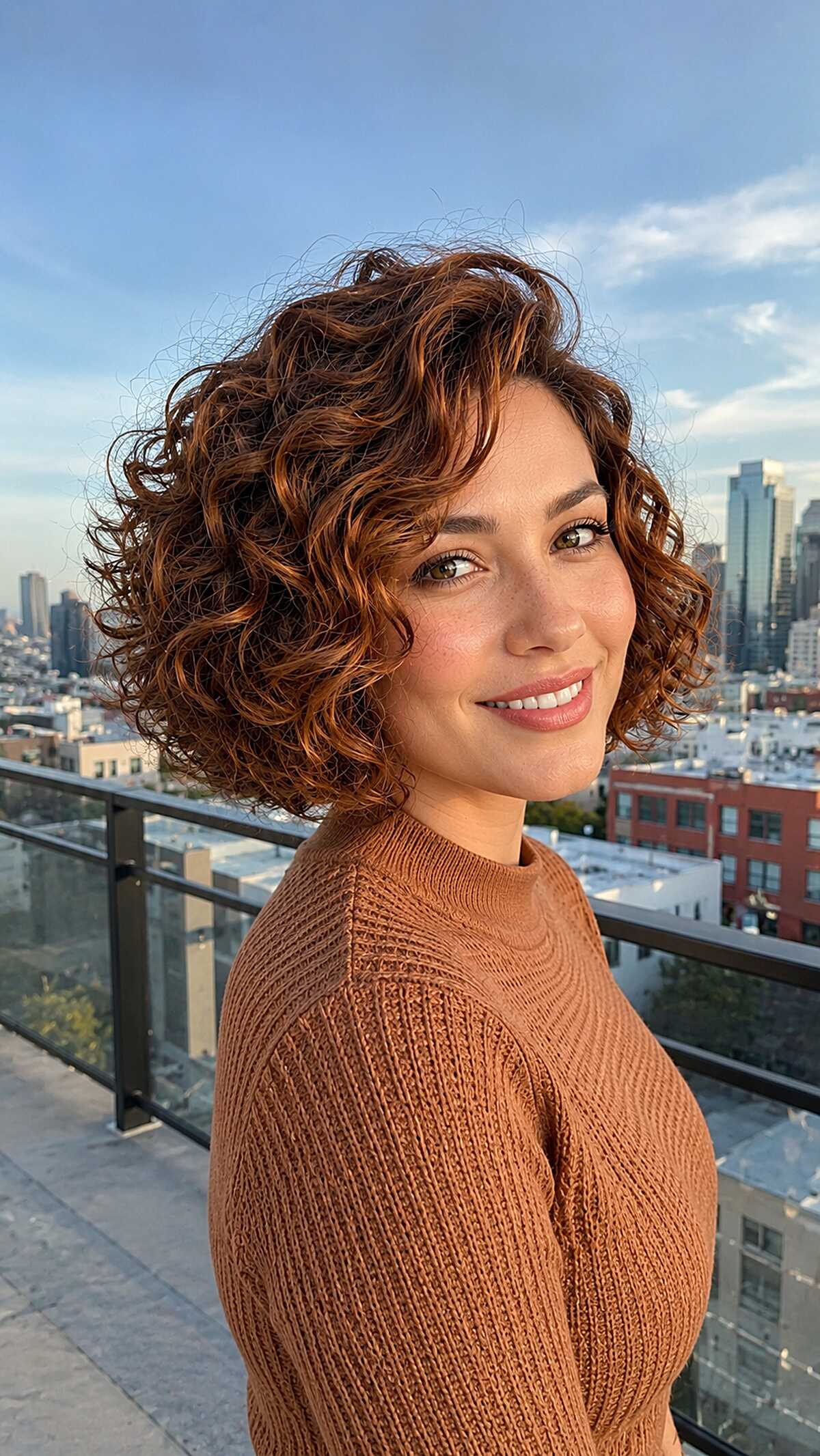 Vibrant copper curly stacked bob with volume