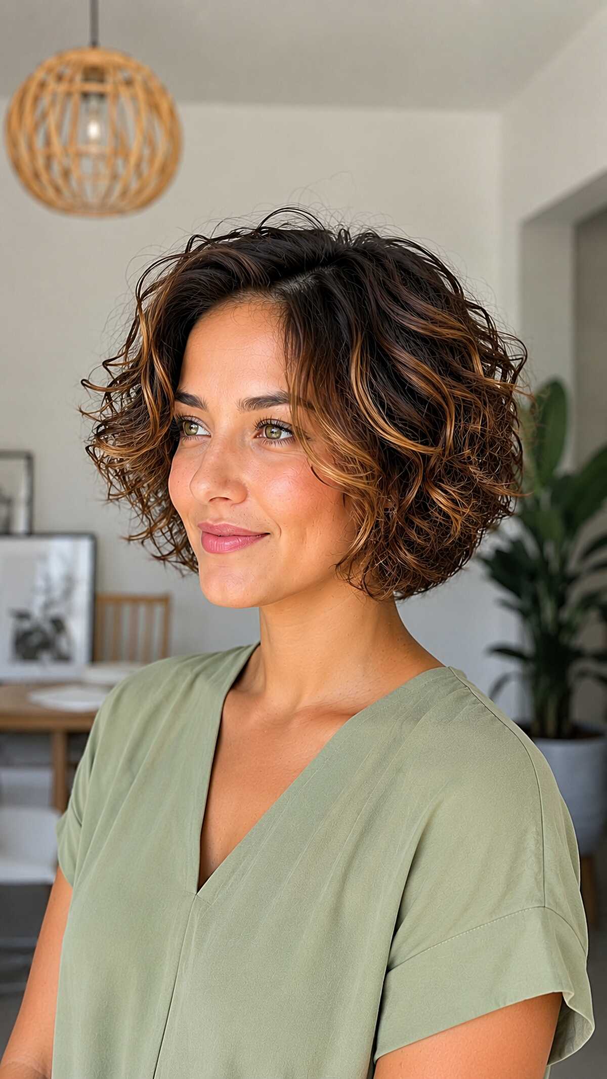 Wavy stacked bob with copper and caramel tones