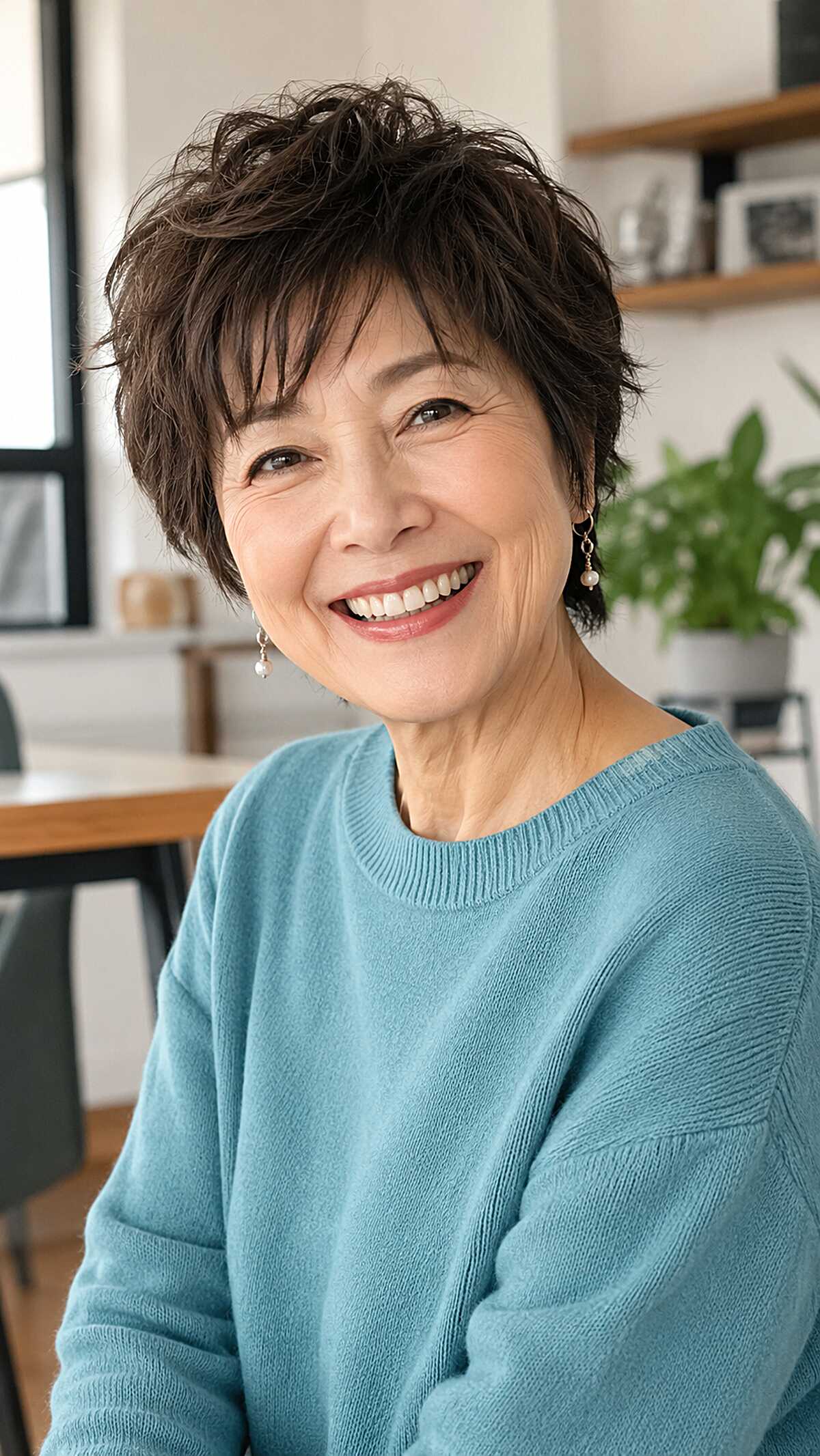 Dark brunette tousled shaggy pixie with soft volume