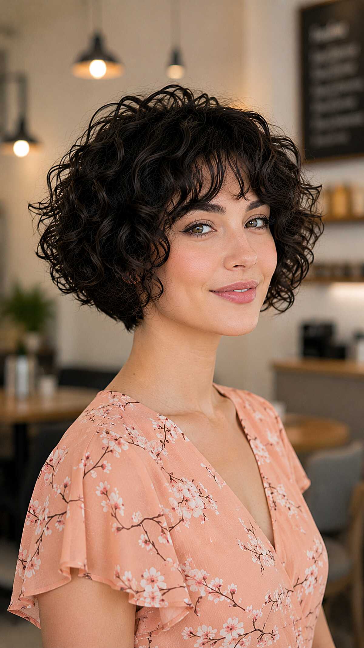 Dark curly stacked bob with soft wispy fringe