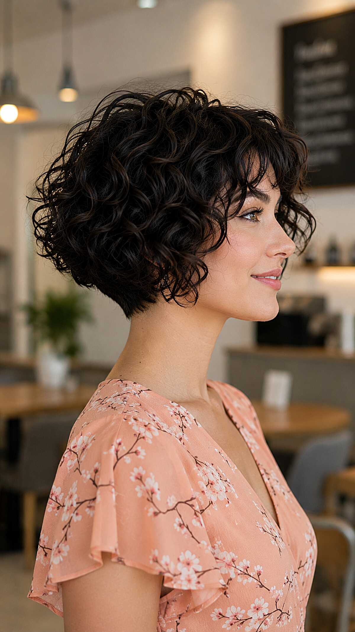 Short dark curly stacked bob viewed from the side