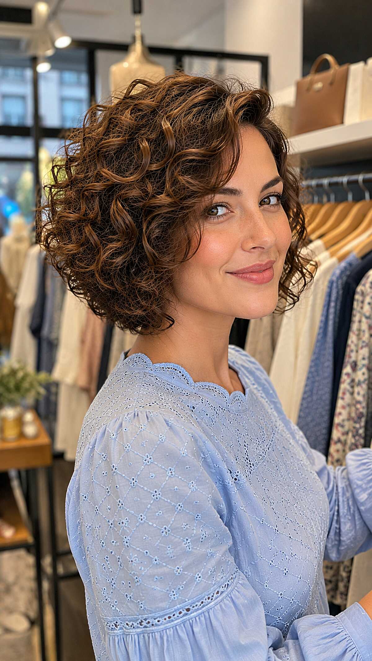 Defined spiral curls in a stacked bob with auburn