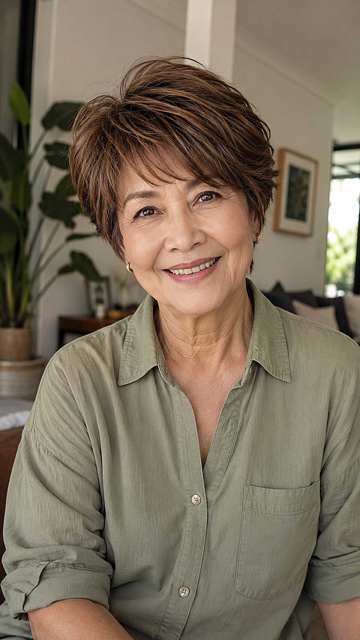 Feathered mocha brown pixie with side-swept fringe
