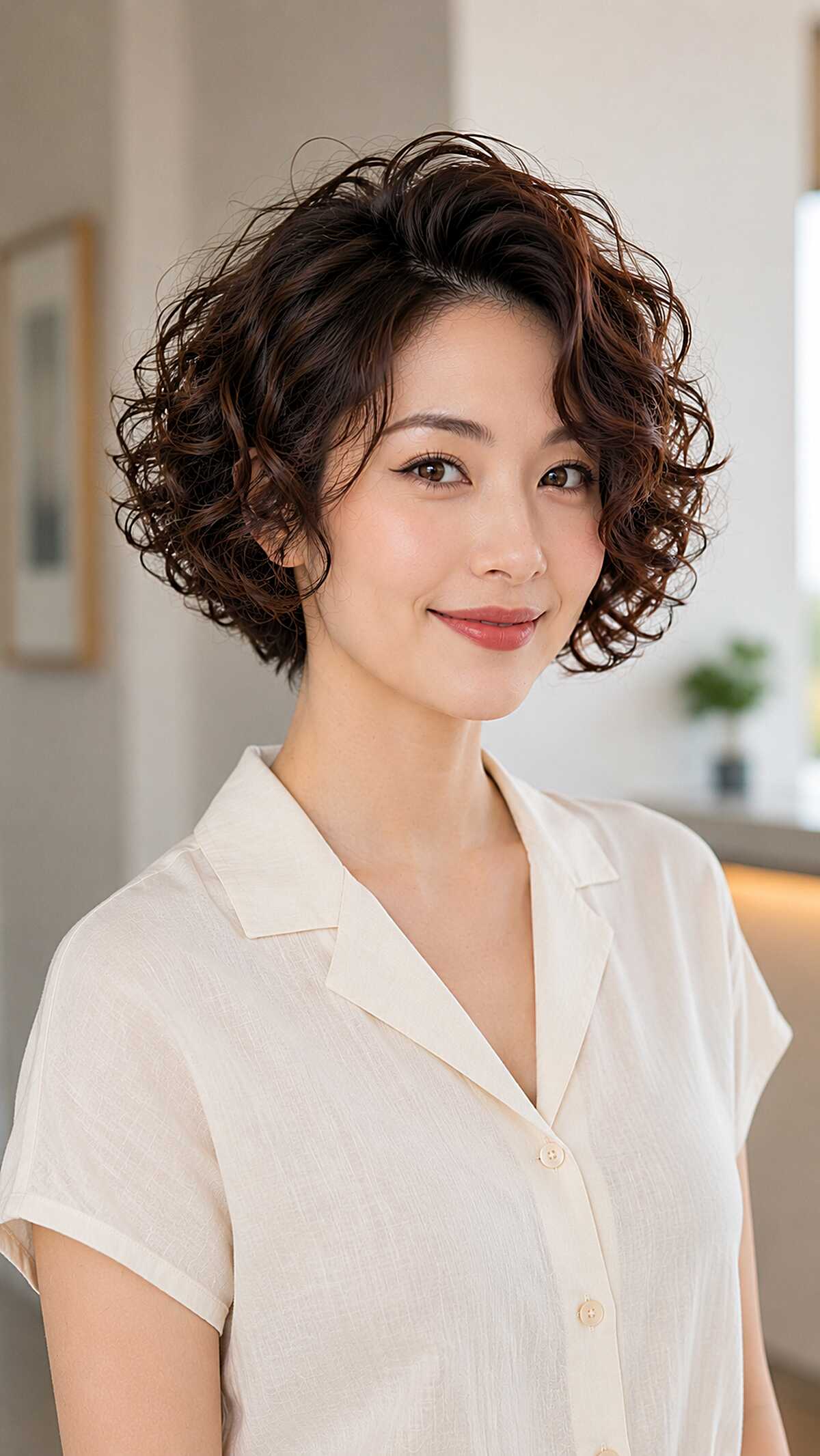 Voluminous dark curly bob tapered at the nape