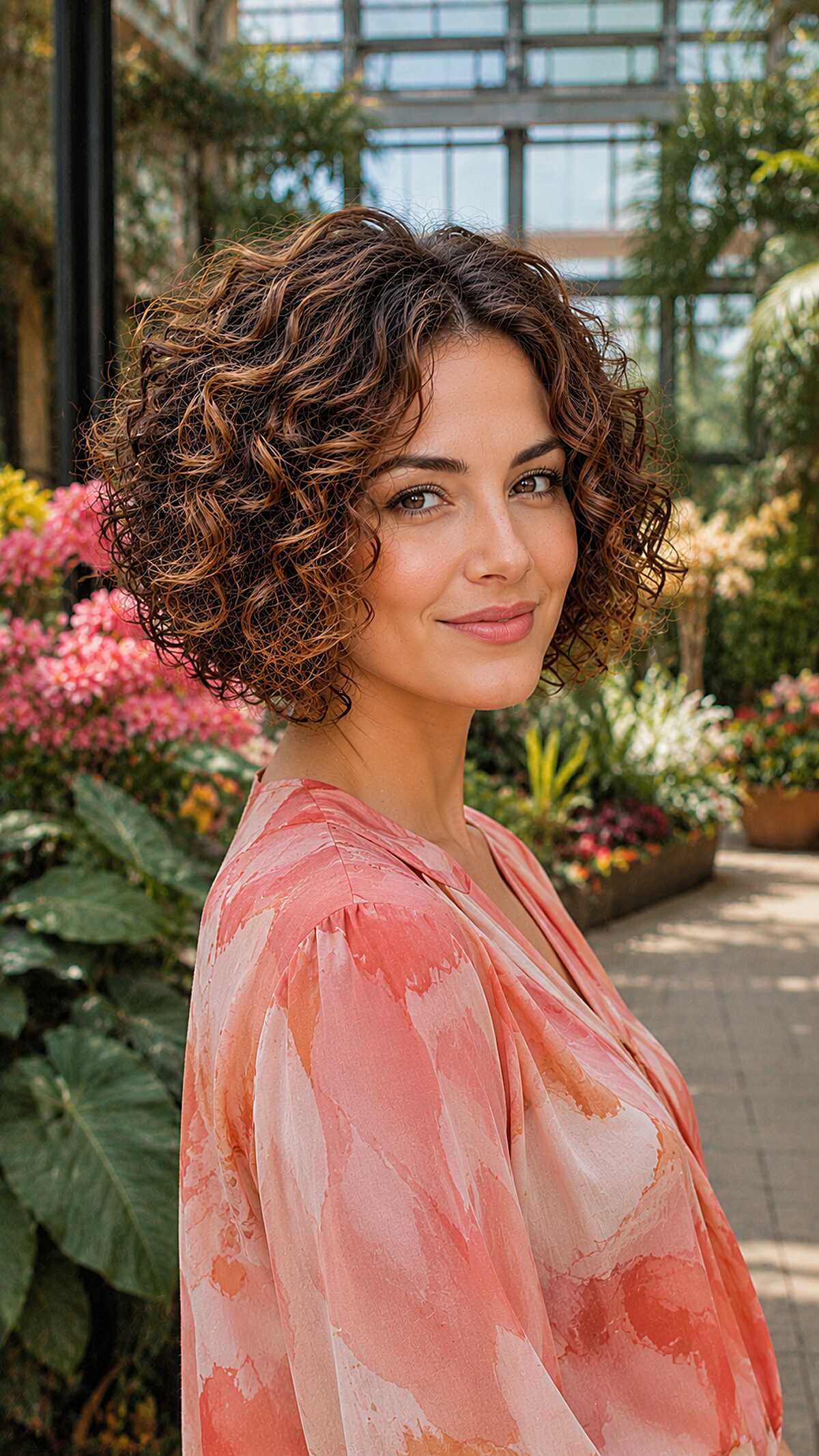 Curly stacked bob with warm balayage highlights