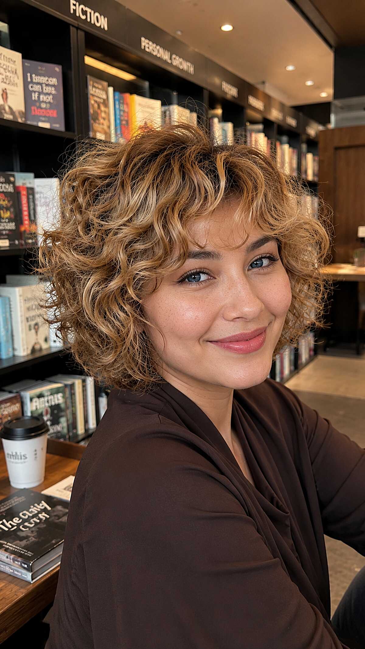 Honey blonde loose curly bob with stacked back