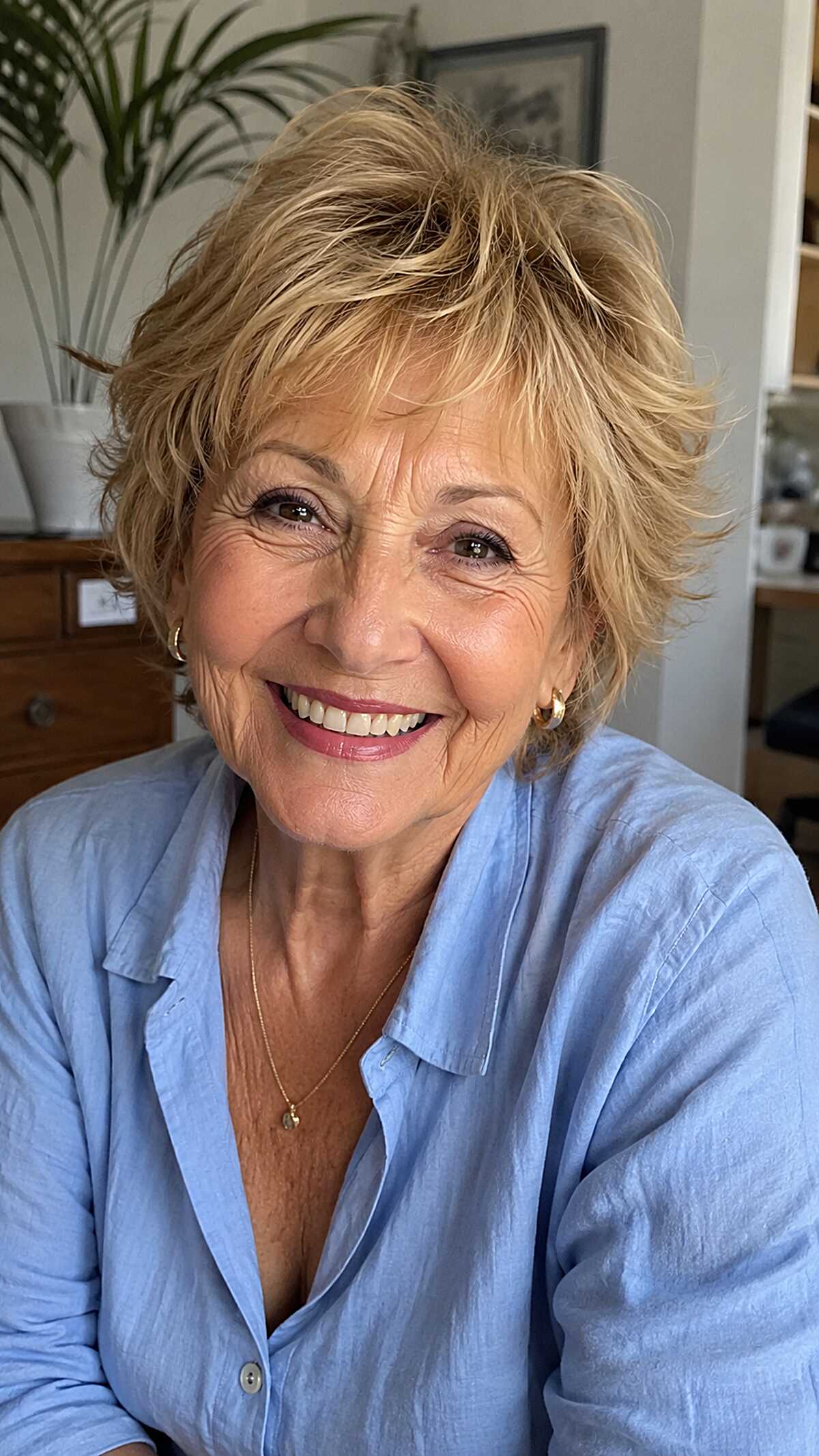 Honey blonde shaggy pixie with textured full layers