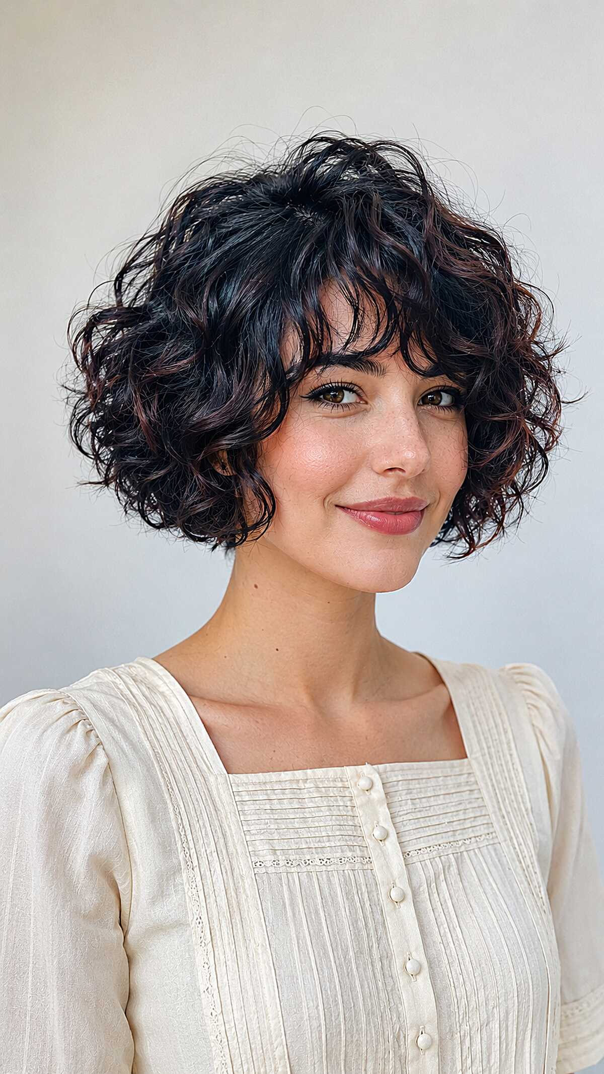 Jet black curly stacked bob with curtain bangs