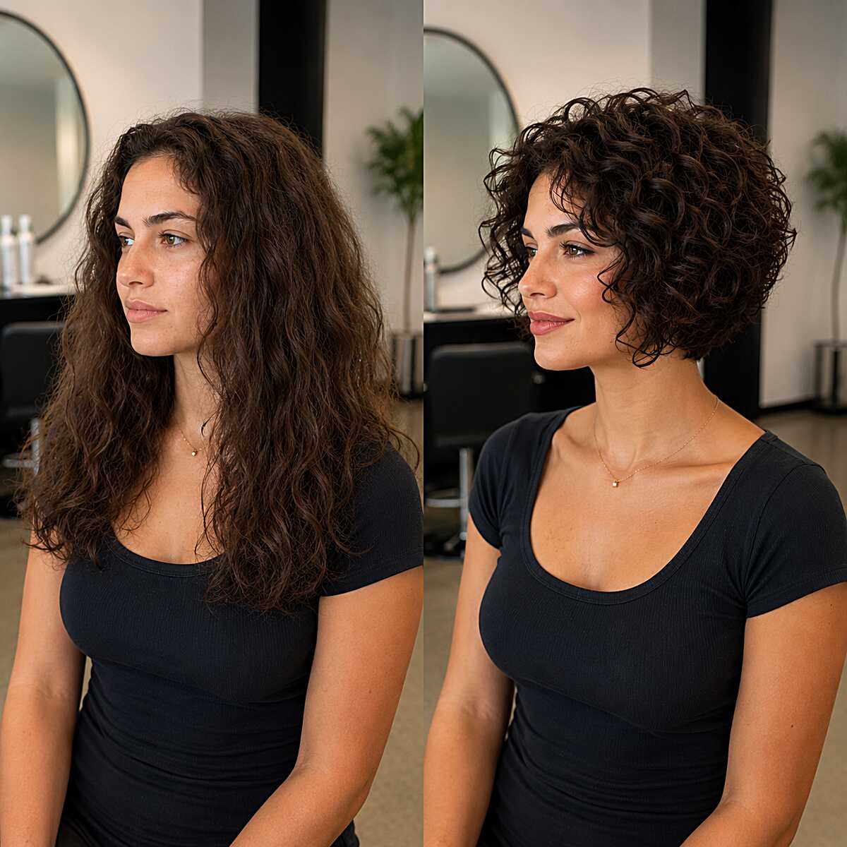 Before and after curly hair transformation to stacked bob