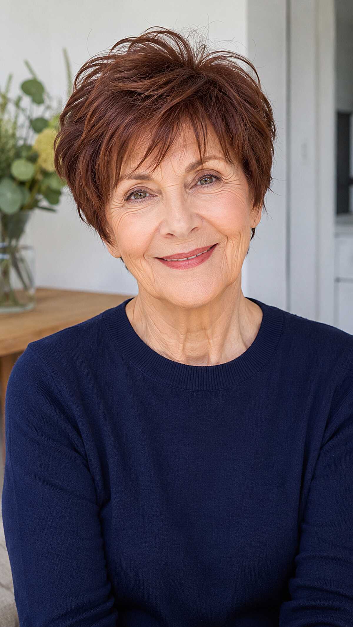 Rich auburn shaggy pixie with sculpted feathered layers