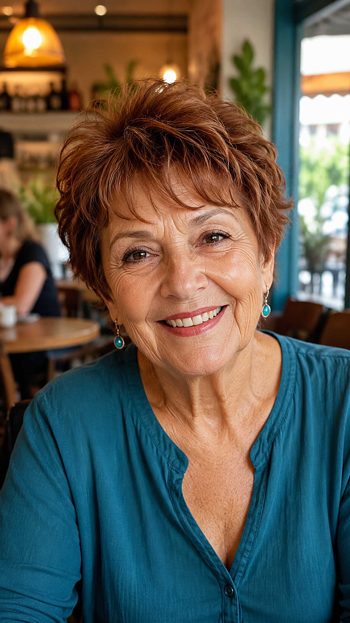 Russet brown shaggy pixie with spirited choppy texture
