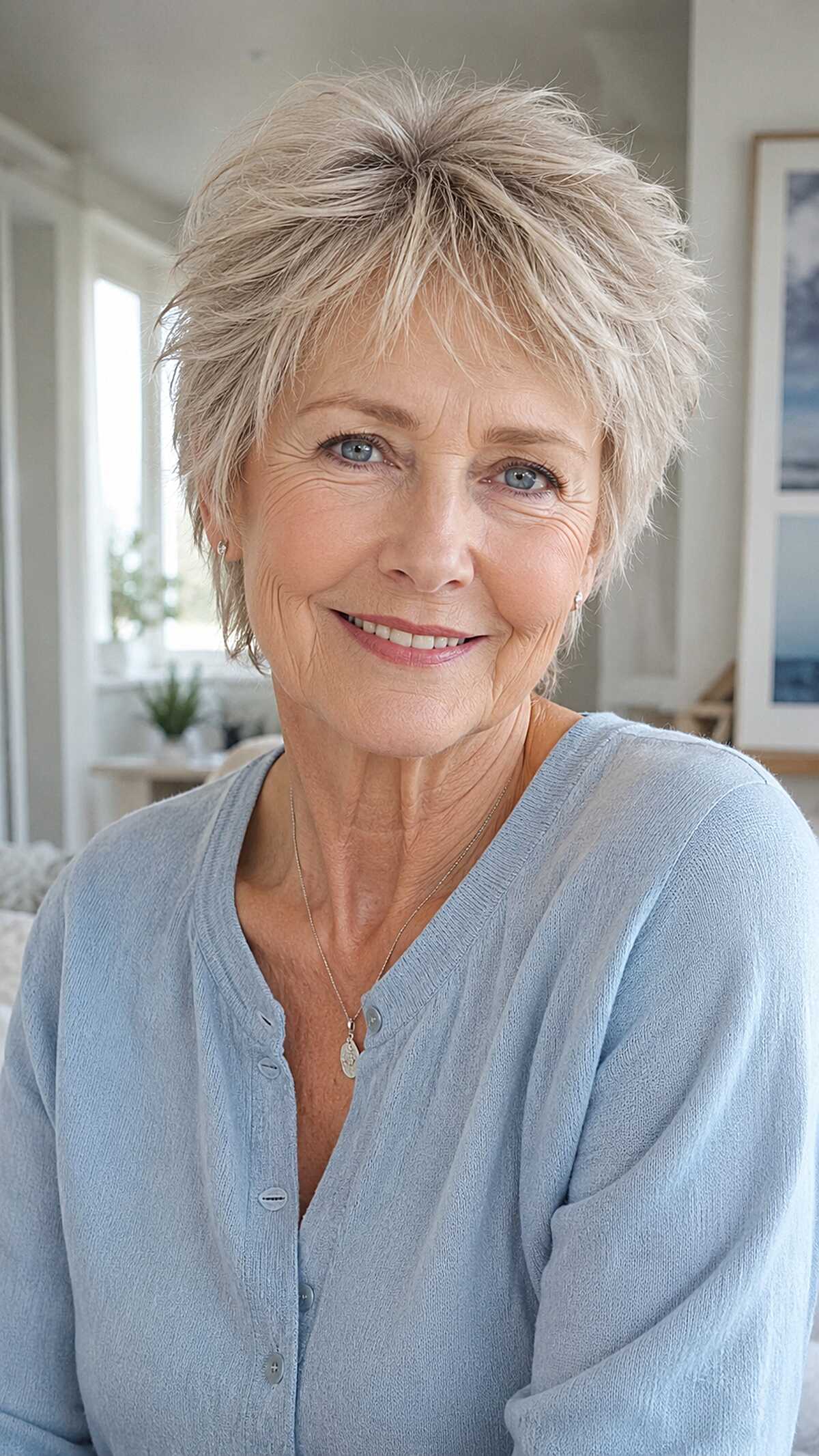 Silver platinum shaggy pixie with choppy textured layers
