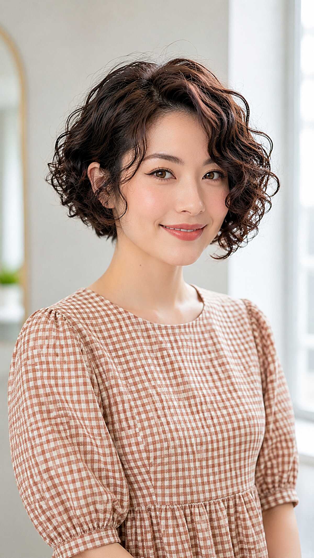 Chin-length curly stacked bob with side-swept fringe