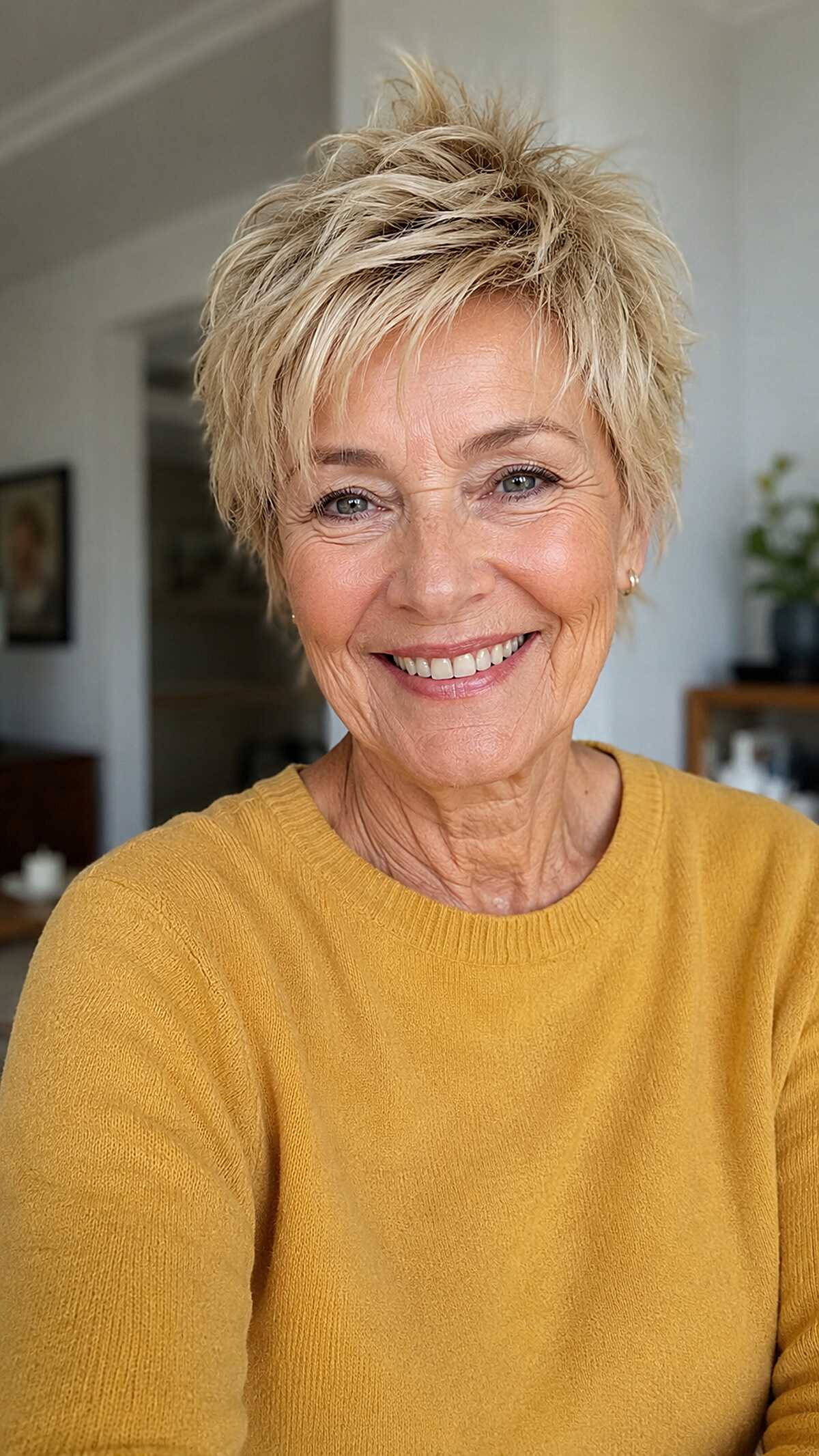 Short spiky blonde pixie with lifted crown and dark roots