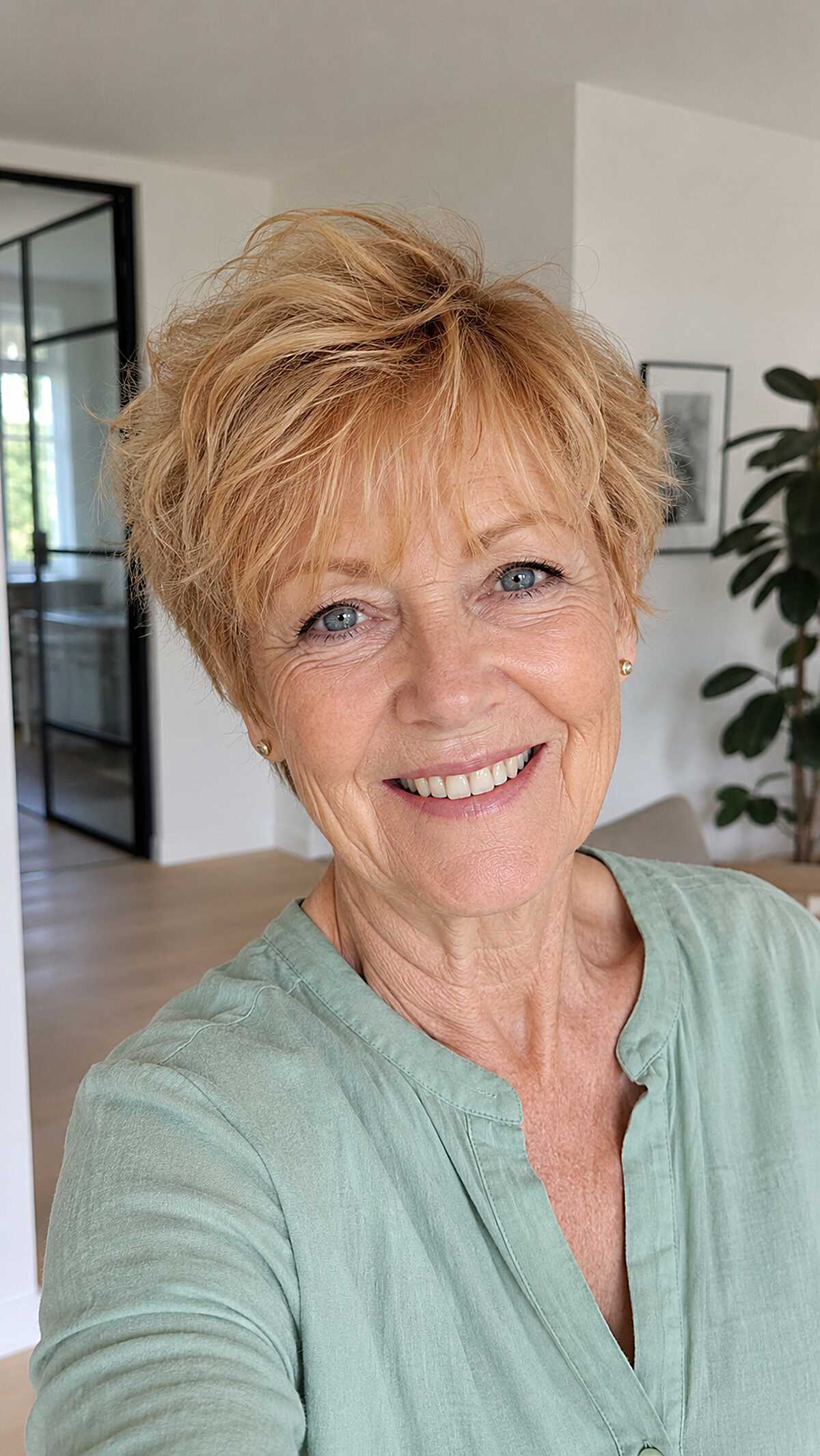 Strawberry blonde shaggy pixie with airy lightweight texture