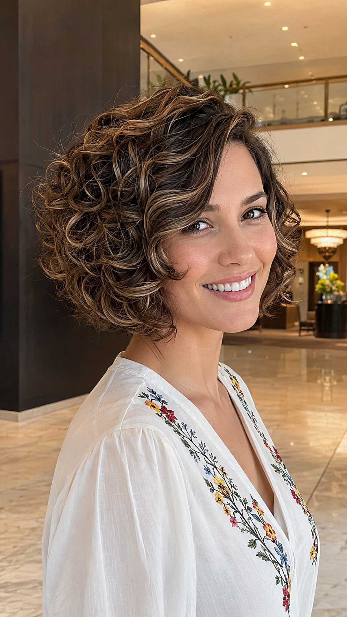 Curly stacked bob with golden sun-streaked highlights