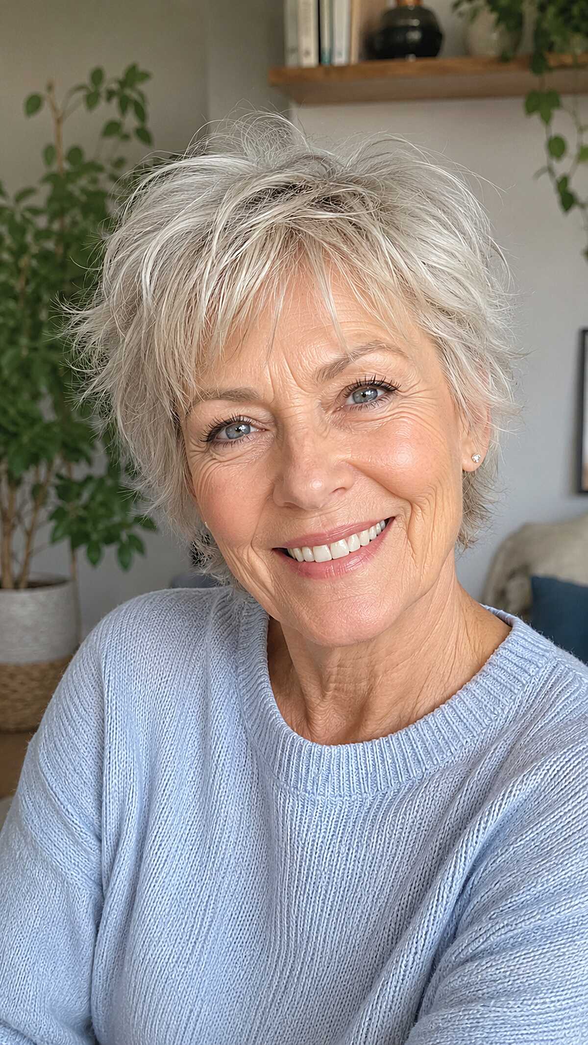 Tousled silver pixie with feathered layers and volume at crown