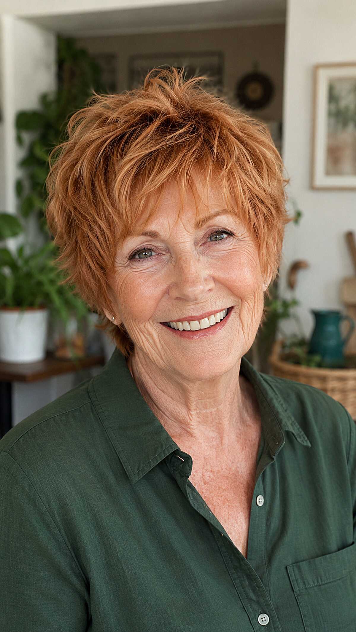 Vibrant ginger red shaggy pixie with full textured fringe