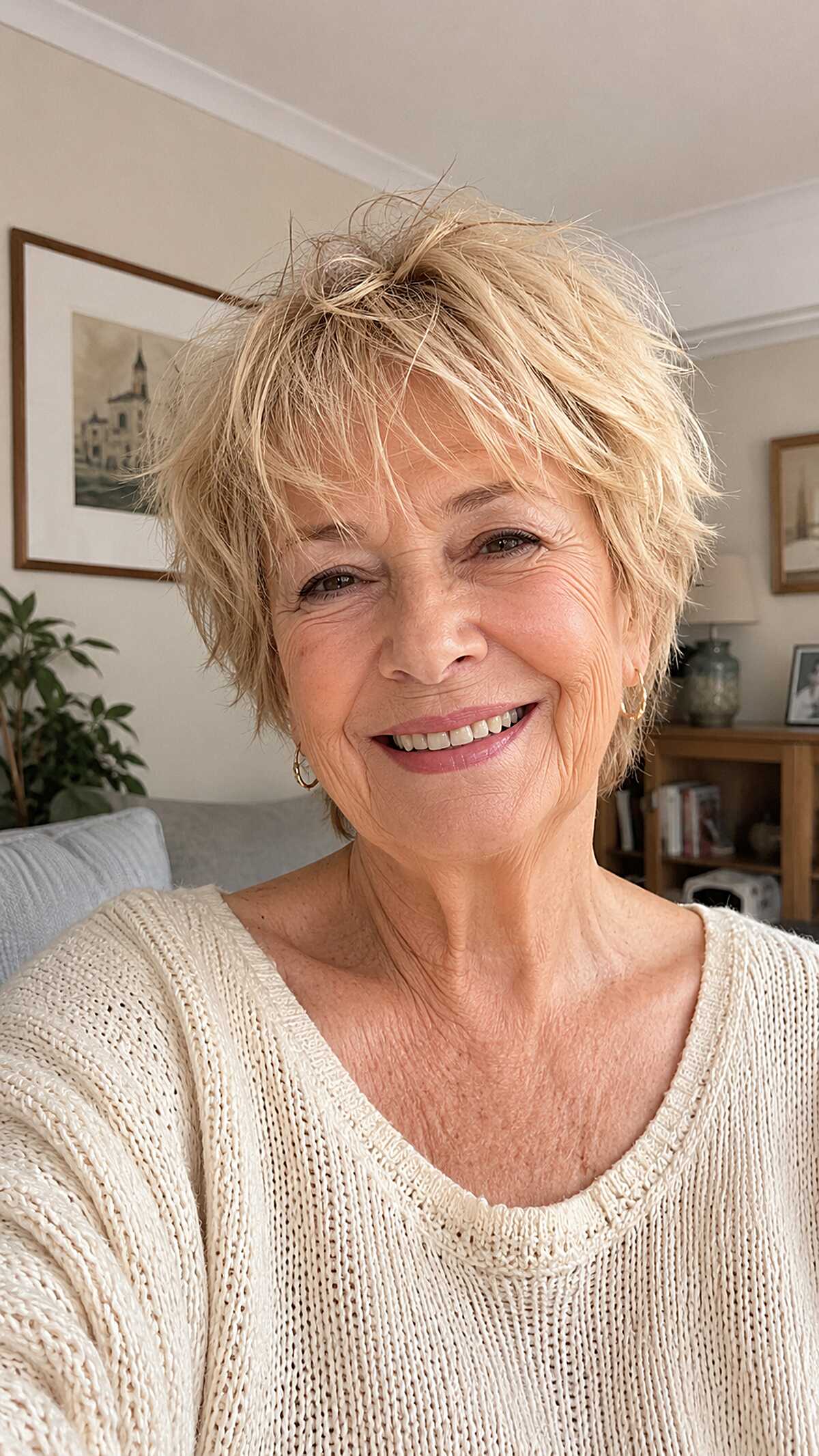 Warm blonde tousled pixie with lived-in piecey texture