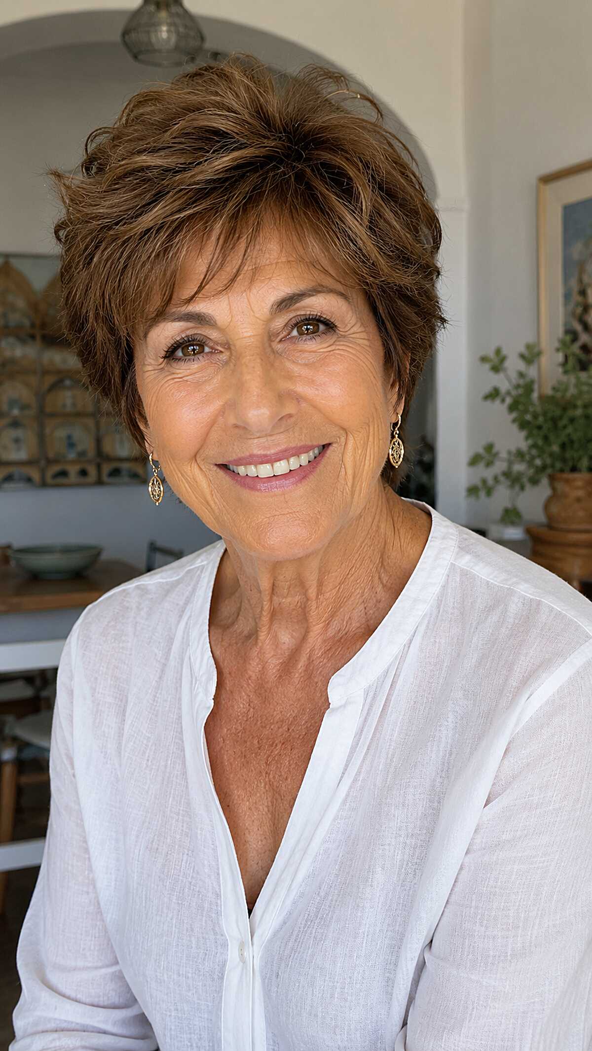 Warm brunette shaggy pixie with layered side-swept bangs