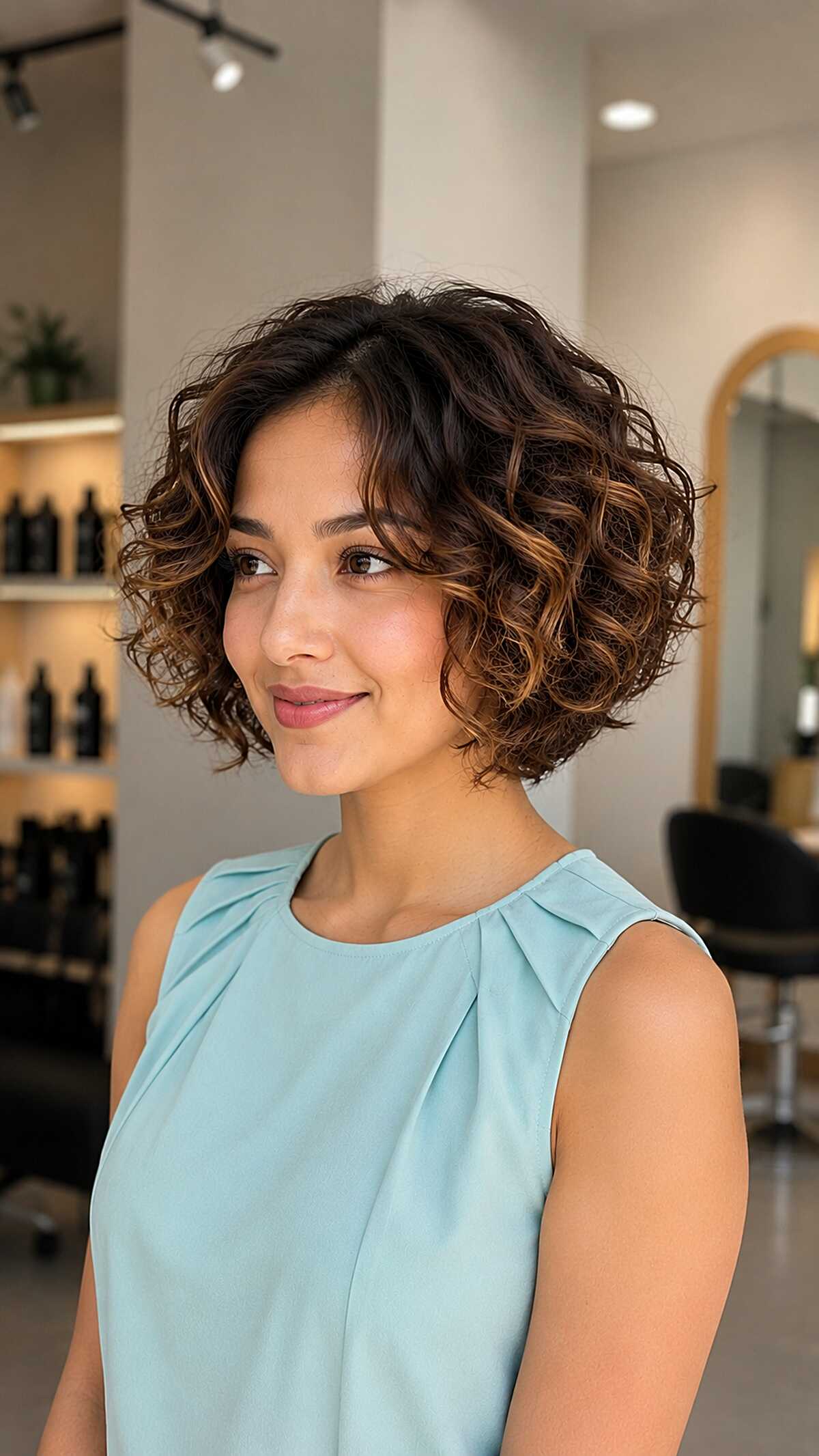 Dark curly bob with warm caramel highlights