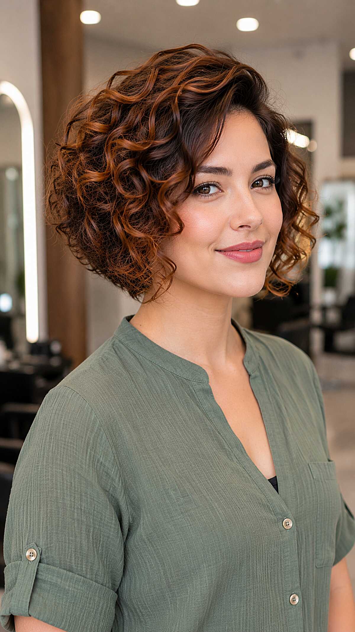 Copper curly bob with dramatic stacked graduation
