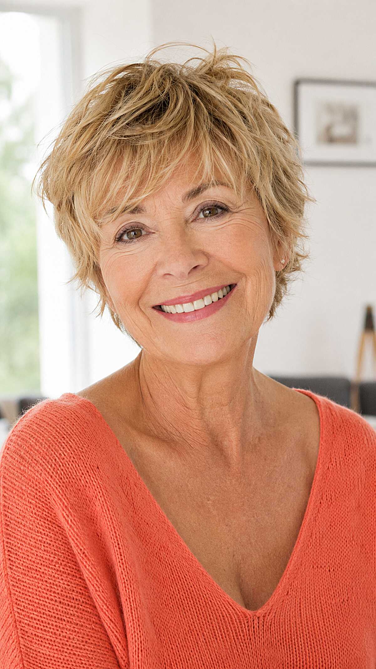 Warm golden blonde shaggy pixie with piecey textured fringe