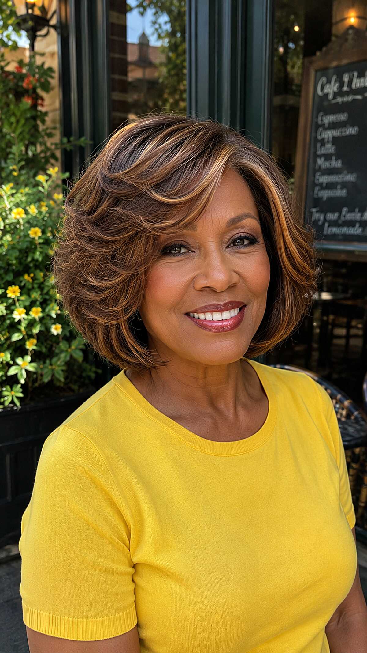 Copper-Kissed Brunette Bob with Feathered Volume