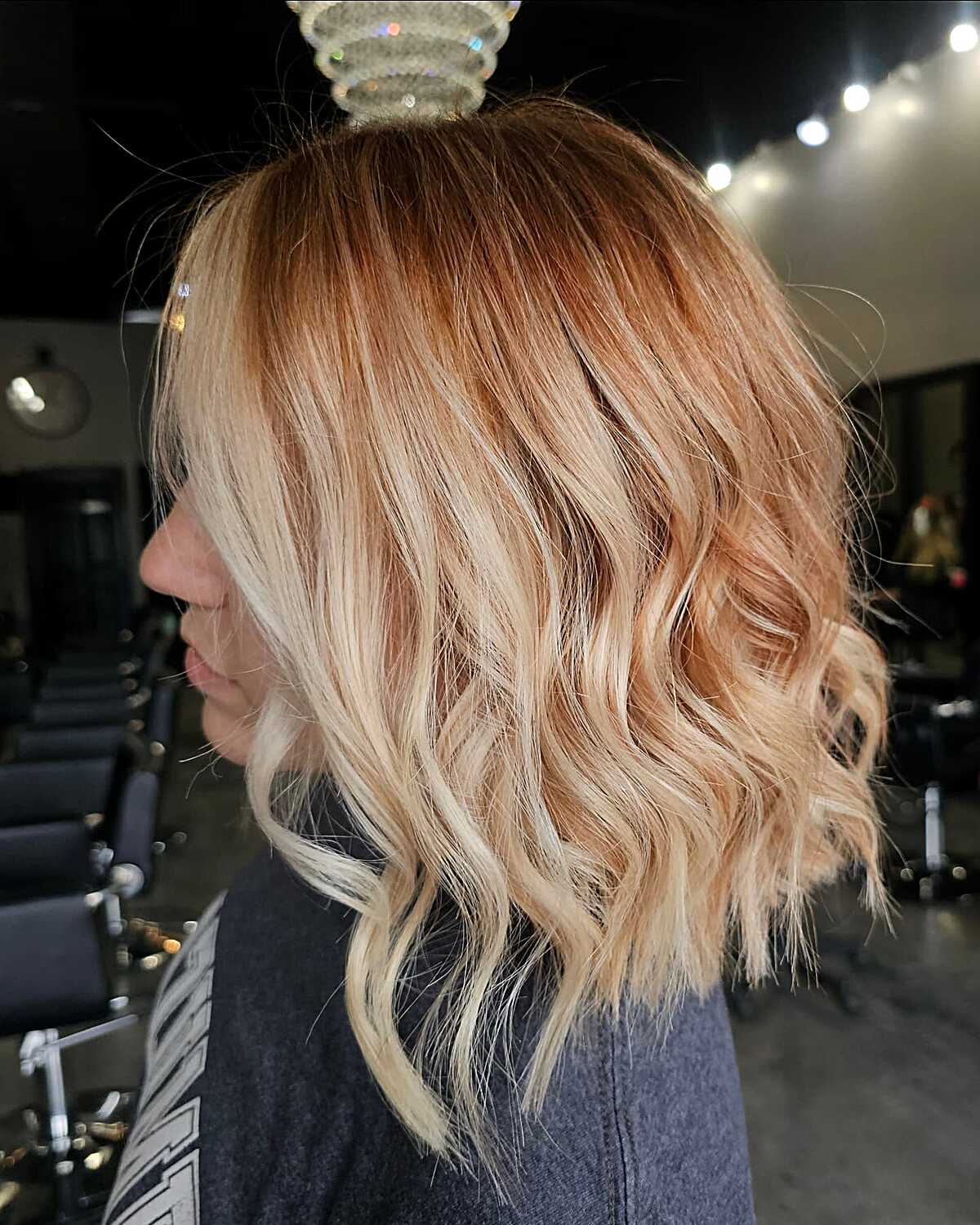 Copper Root Melt Into Creamy Blonde on a Textured Lob